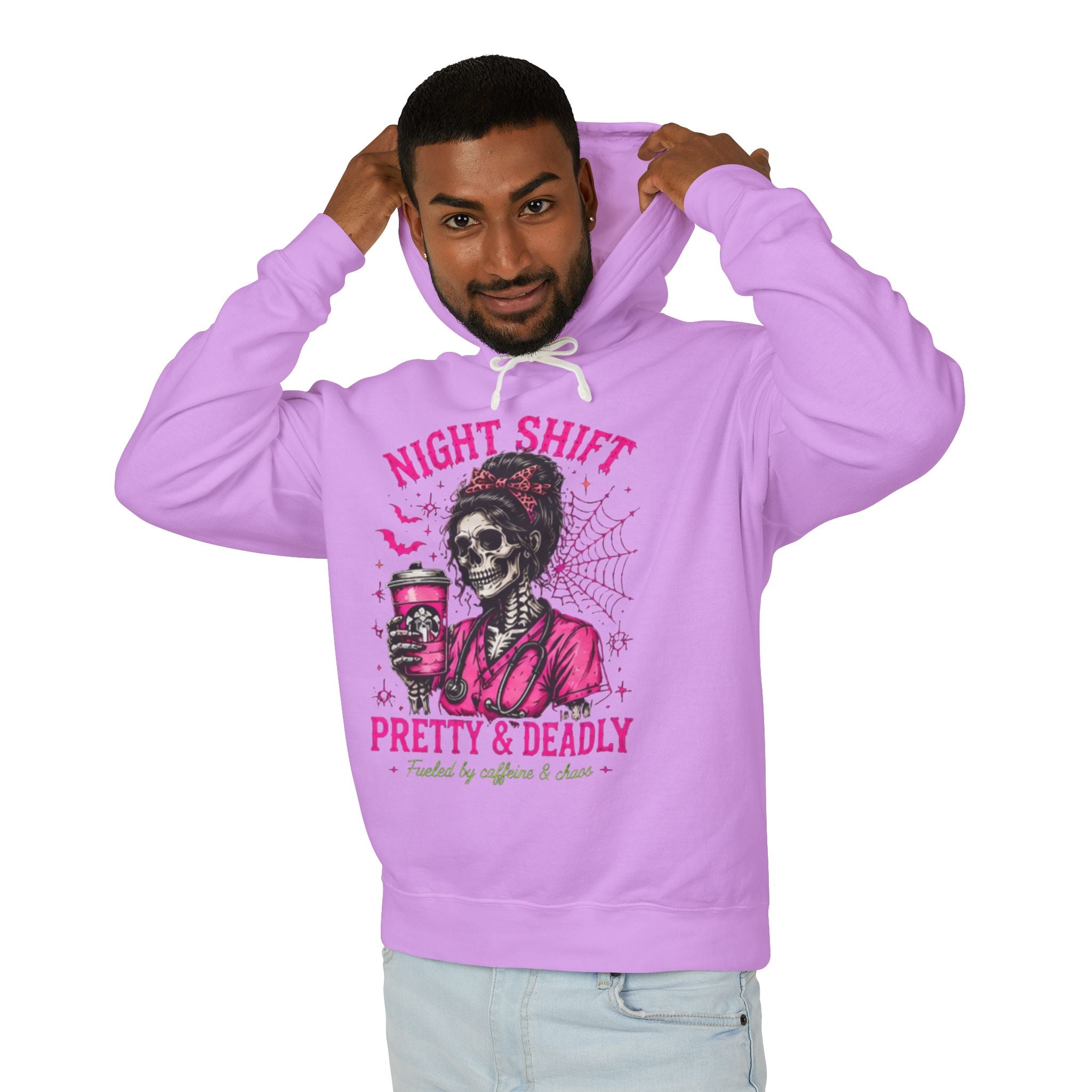 Night Shift Hoodie — "Pretty & Deadly" Skeleton Nurse Coffee Hooded Sweatshirt 1
