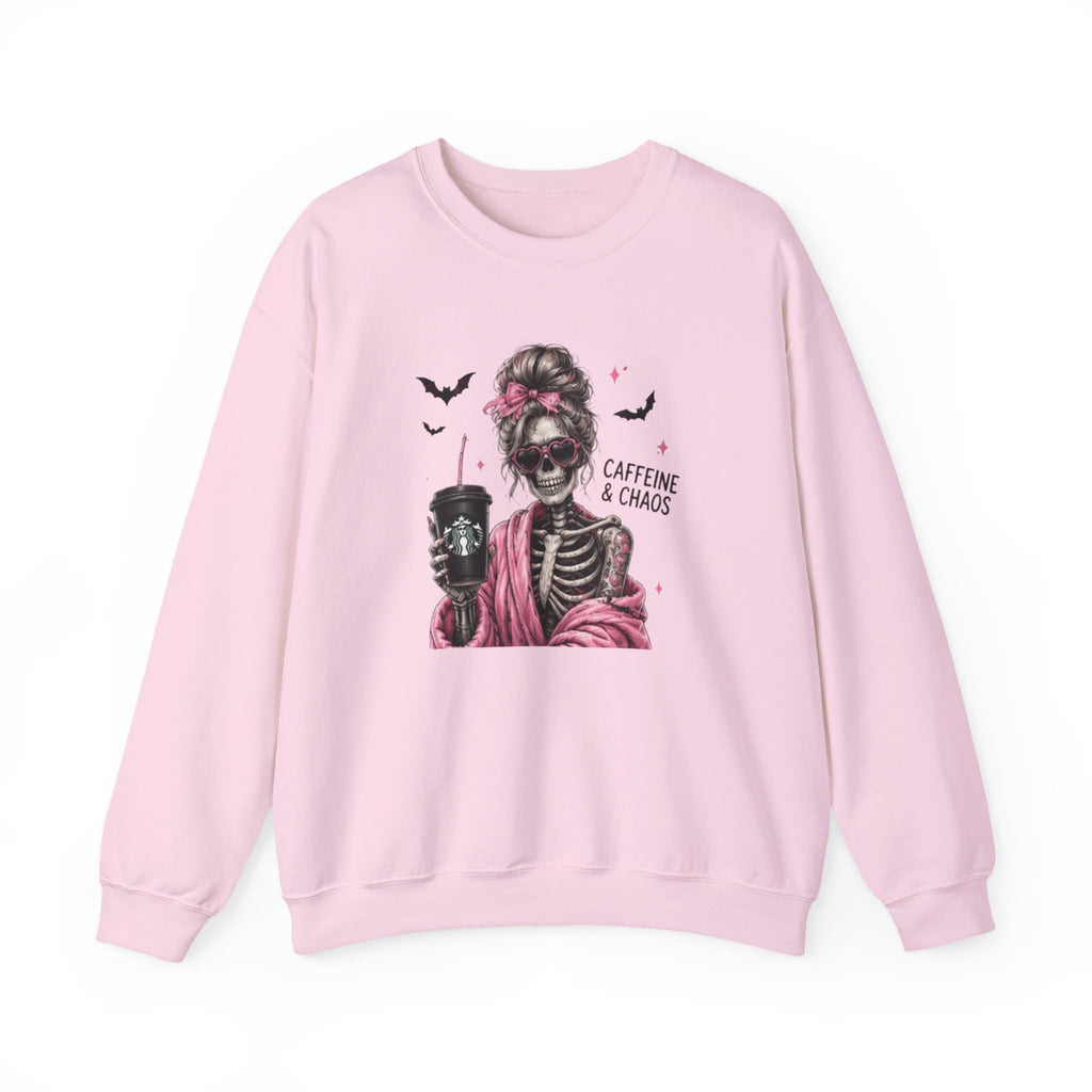 Caffeine & Chaos Skeleton Sweatshirt — Coffee Lover Goth Crewneck