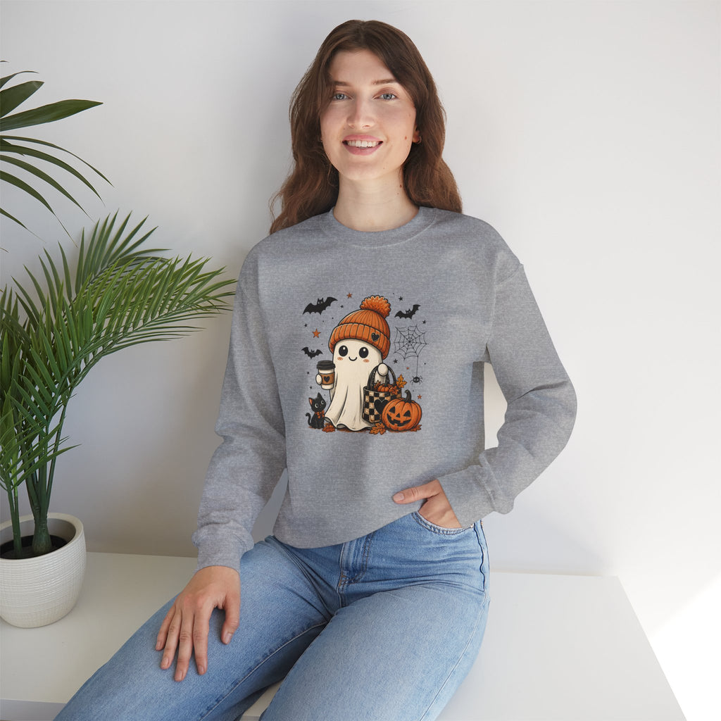 Halloween Ghost Sweatshirt — Cute Ghost with Pumpkin, Black Cat & Coffee