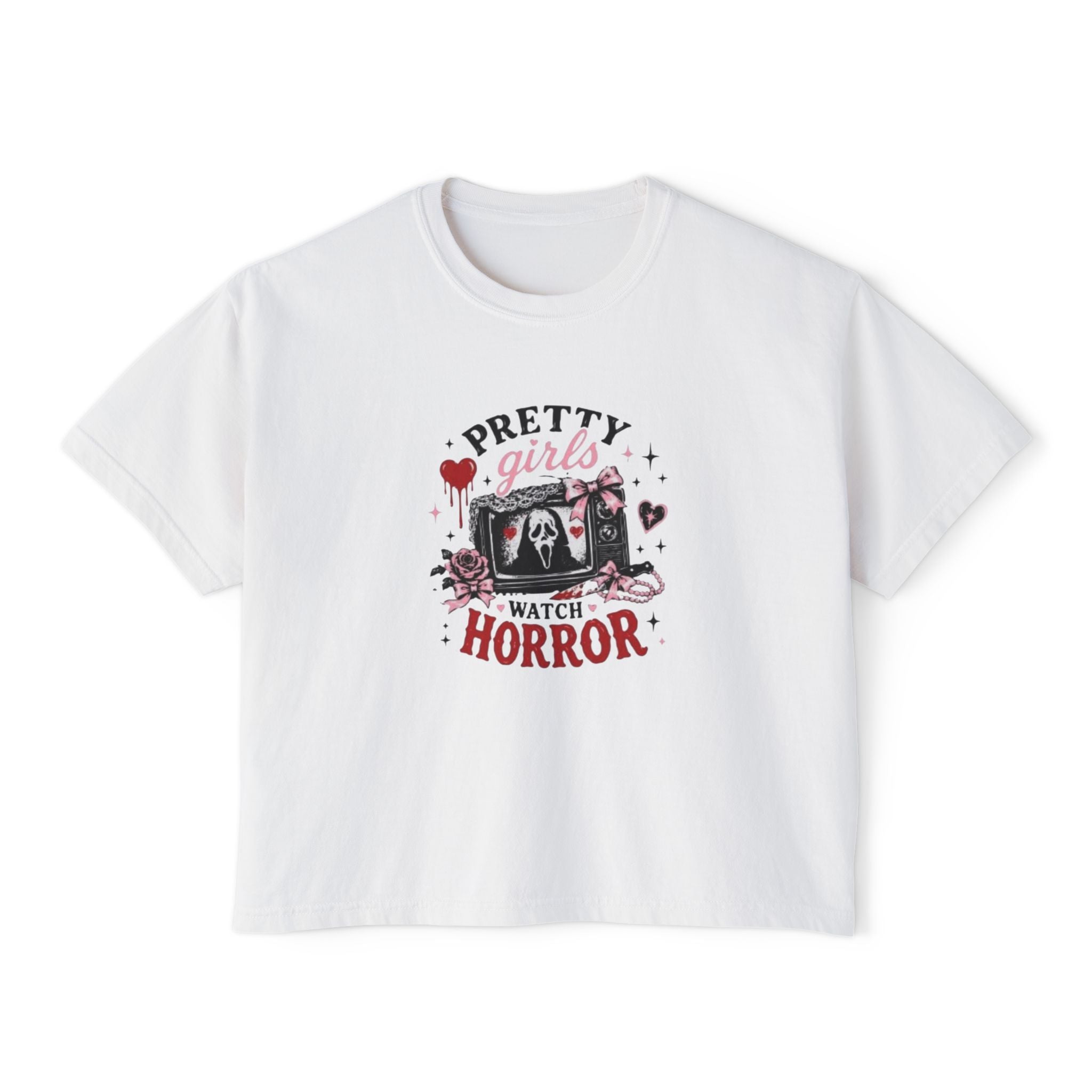 Boxy Tee — "Pretty Girls Watch Horror" Graphic Top
