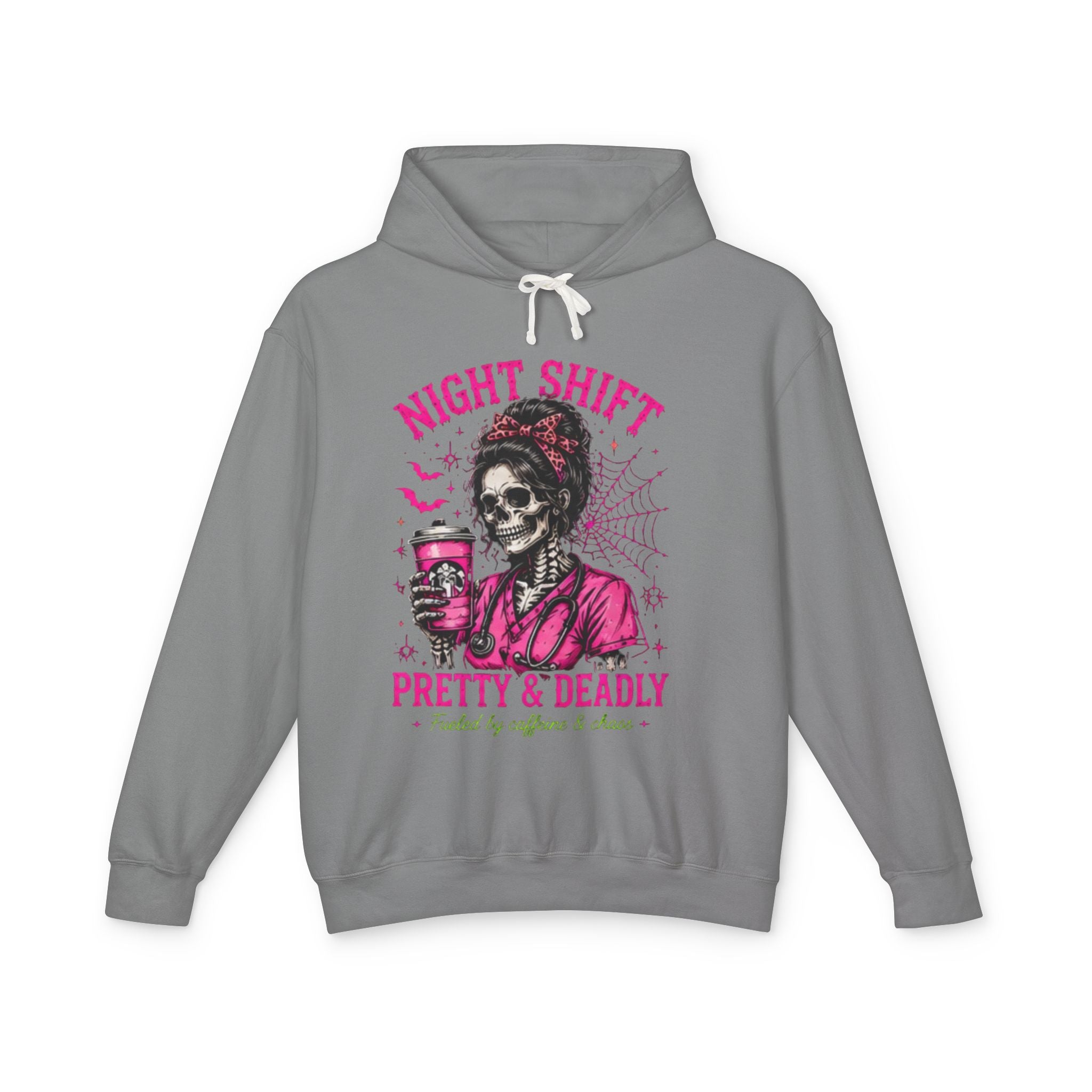 Night Shift Hoodie — "Pretty & Deadly" Skeleton Nurse Coffee Hooded Sweatshirt 1