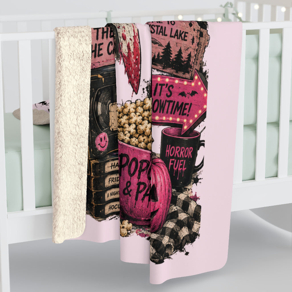 Halloween Movie Night Sherpa Blanket — Horror Movie Icons Popcorn Panic Throw