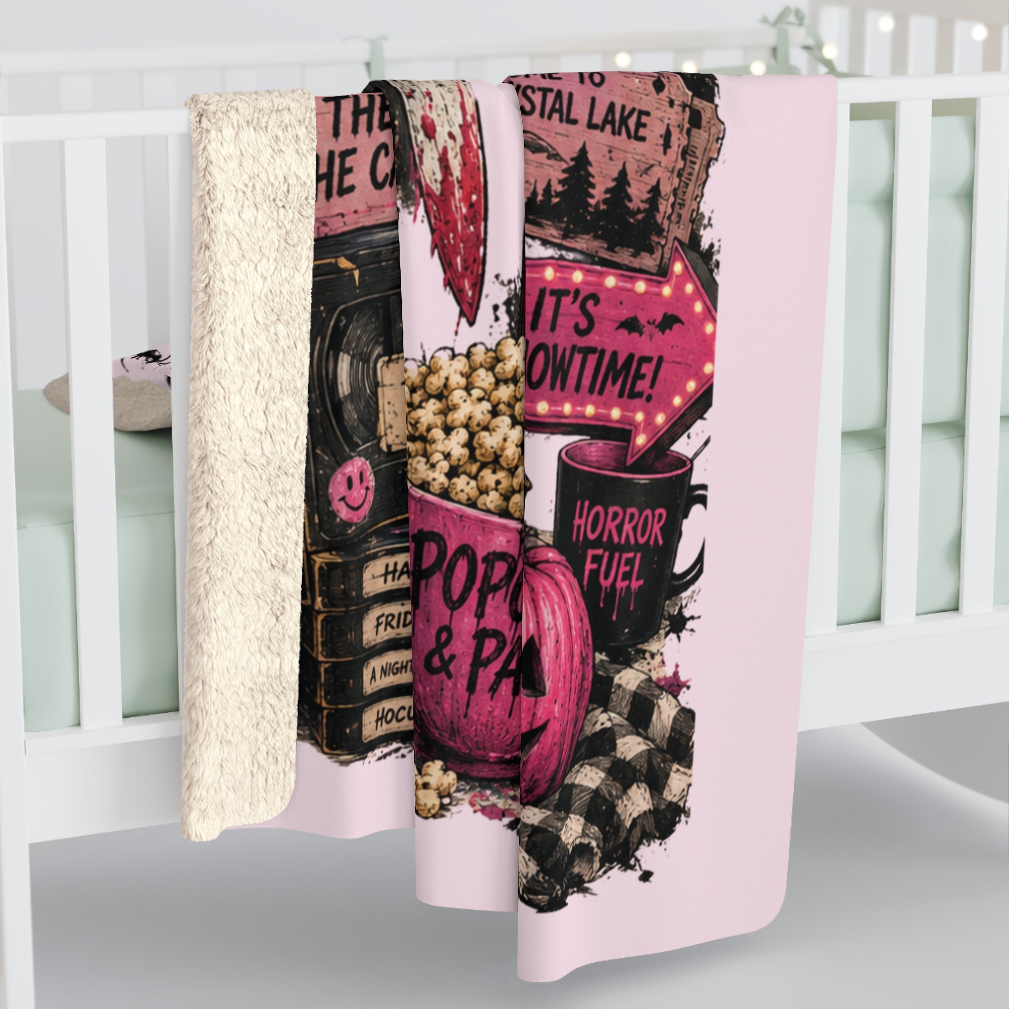 Halloween Movie Night Sherpa Blanket — Horror Movie Icons Popcorn Panic Throw