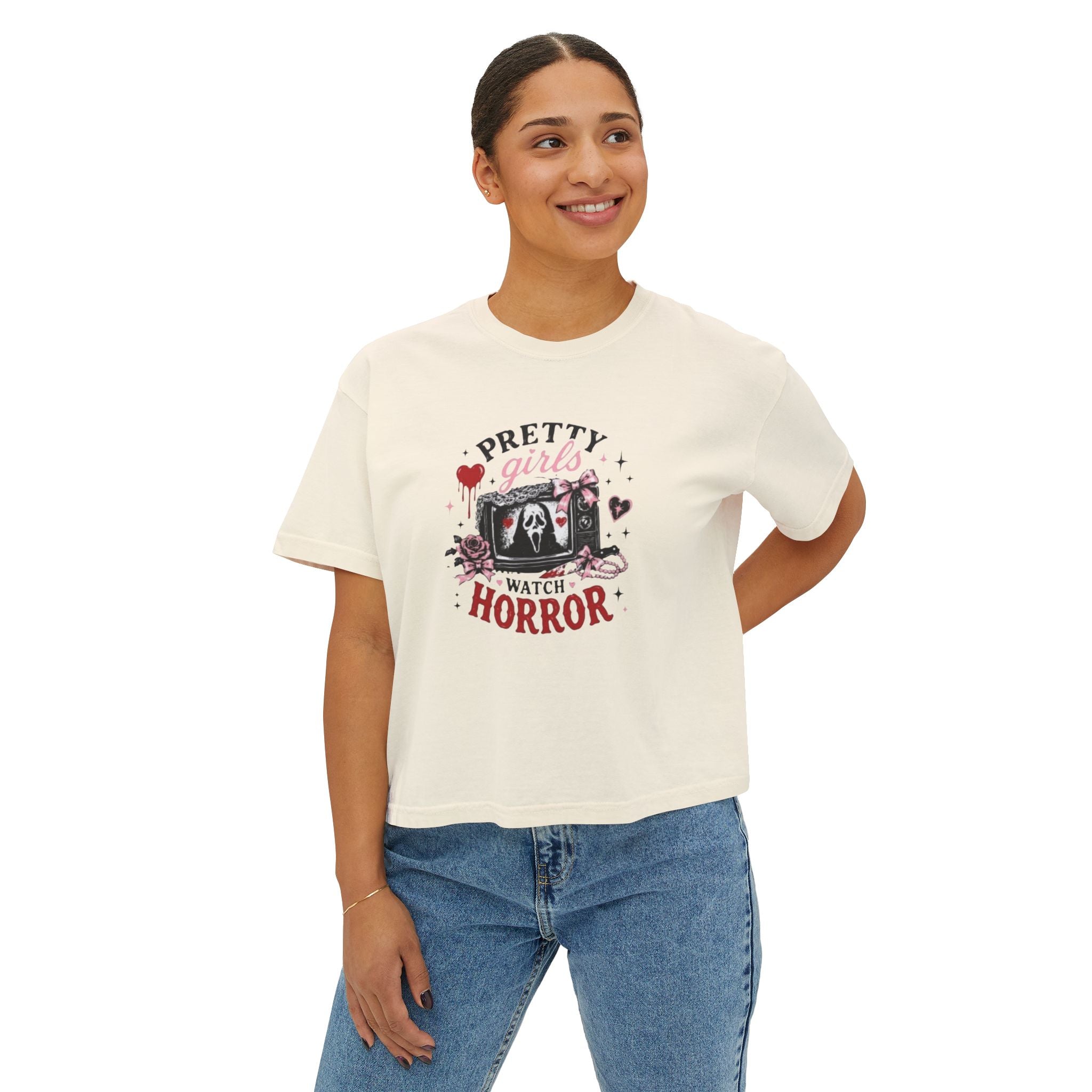 Boxy Tee — "Pretty Girls Watch Horror" Graphic Top