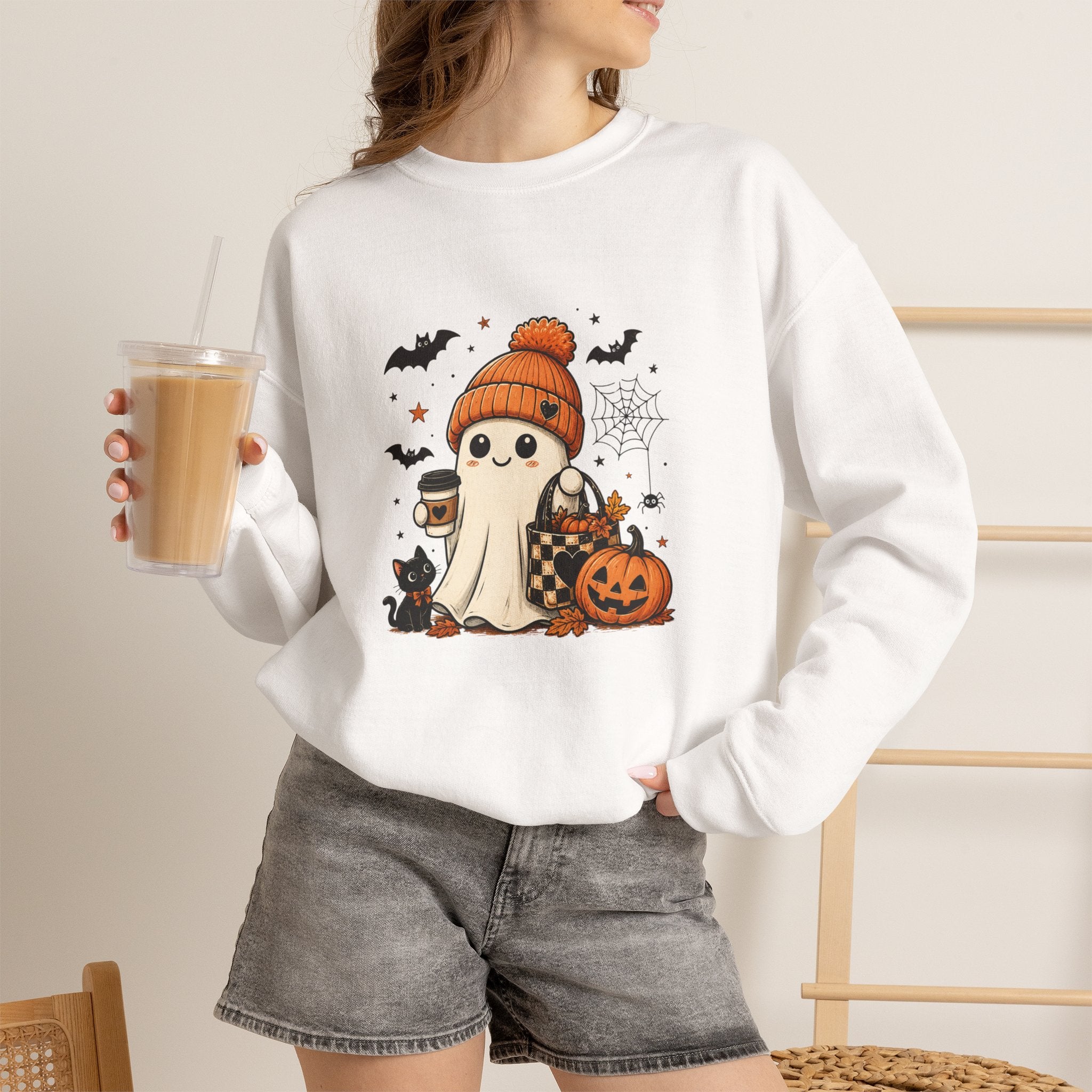 Halloween Ghost Sweatshirt — Cute Ghost with Pumpkin, Cat & Coffee