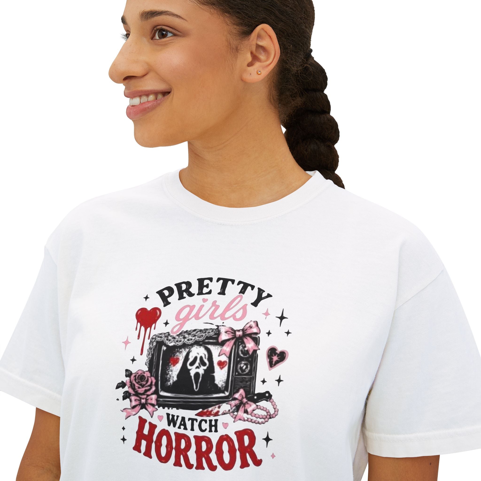 Boxy Tee — "Pretty Girls Watch Horror" Graphic Top