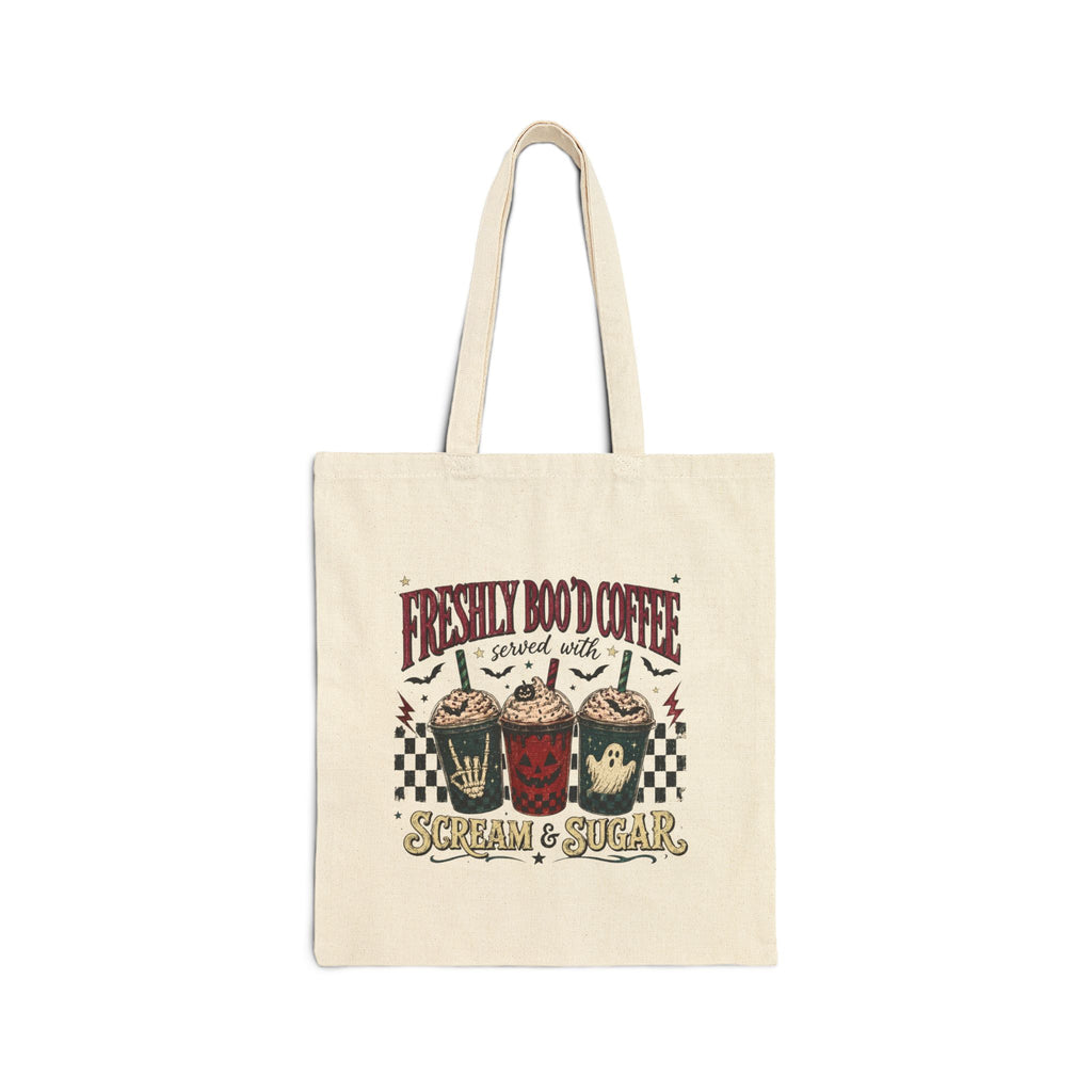 Halloween Ghost Tote Bag — Cute Ghost with Pumpkin, Coffee & Black Cat Cotton Canvas Tote