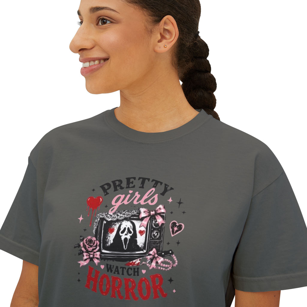Boxy Tee — "Pretty Girls Watch Horror" Graphic Top