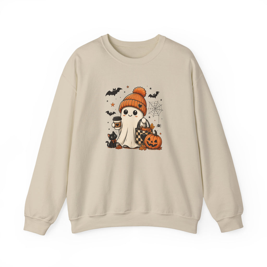 Halloween Ghost Sweatshirt — Cute Ghost with Pumpkin, Black Cat & Coffee