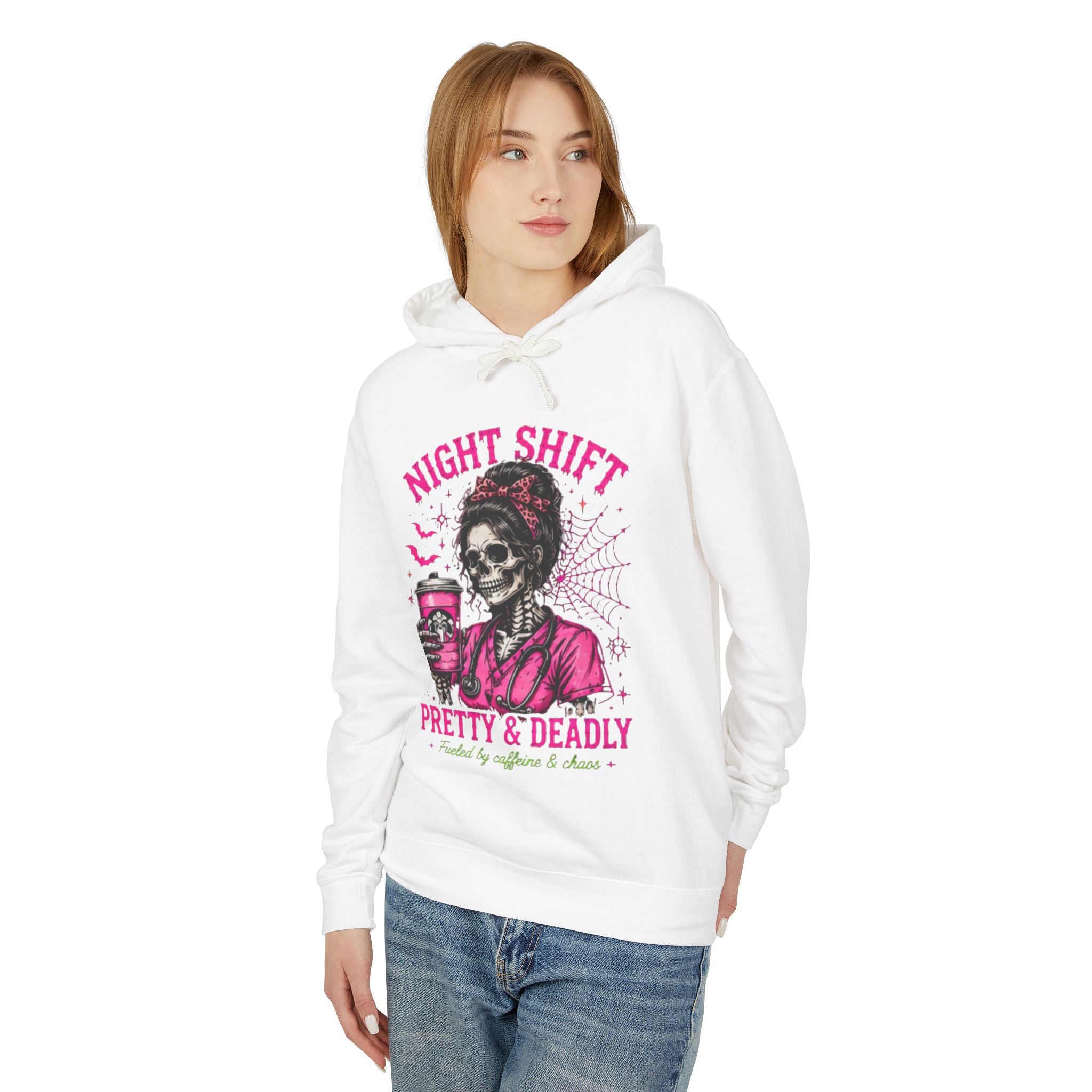 Night Shift Hoodie — "Pretty & Deadly" Skeleton Nurse Coffee Hooded Sweatshirt 1