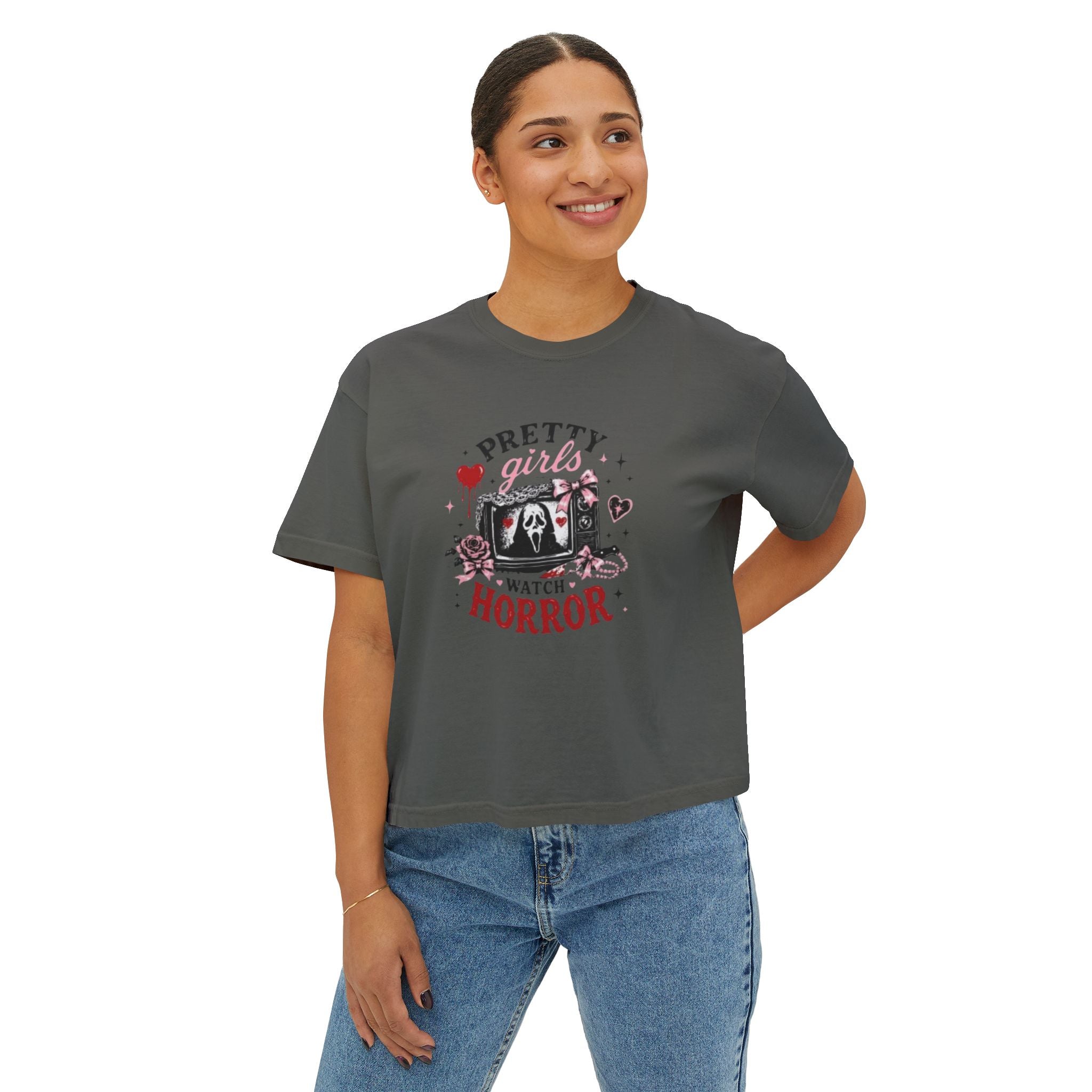 Boxy Tee — "Pretty Girls Watch Horror" Graphic Top