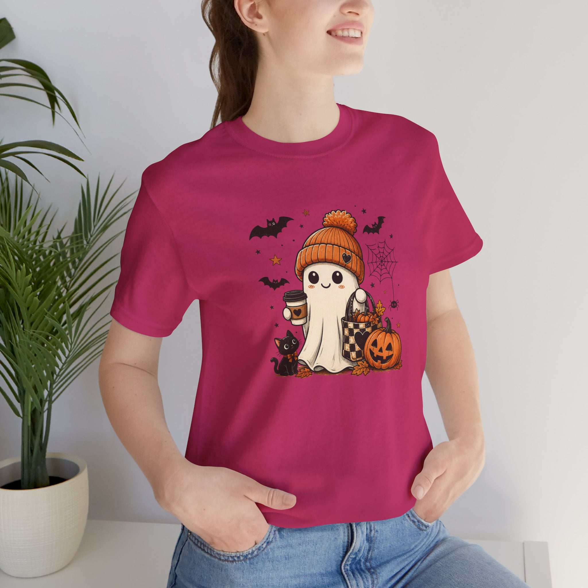 Halloween Ghost Tee – Cute Pumpkin, Black Cat & Coffee Fall Graphic T-Shirt