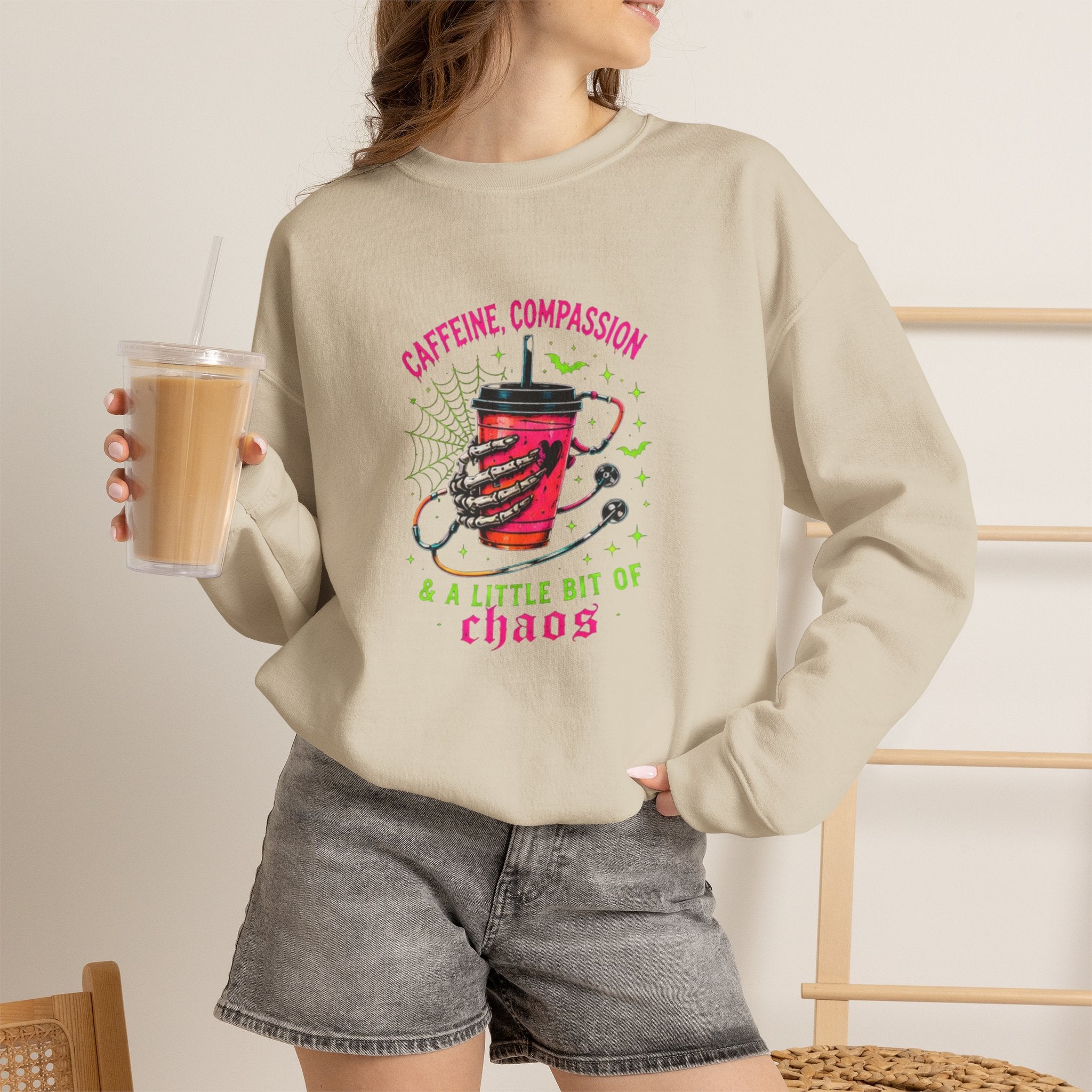 Caffeine, Compassion & A Little Bit of Chaos Crewneck Sweatshirt