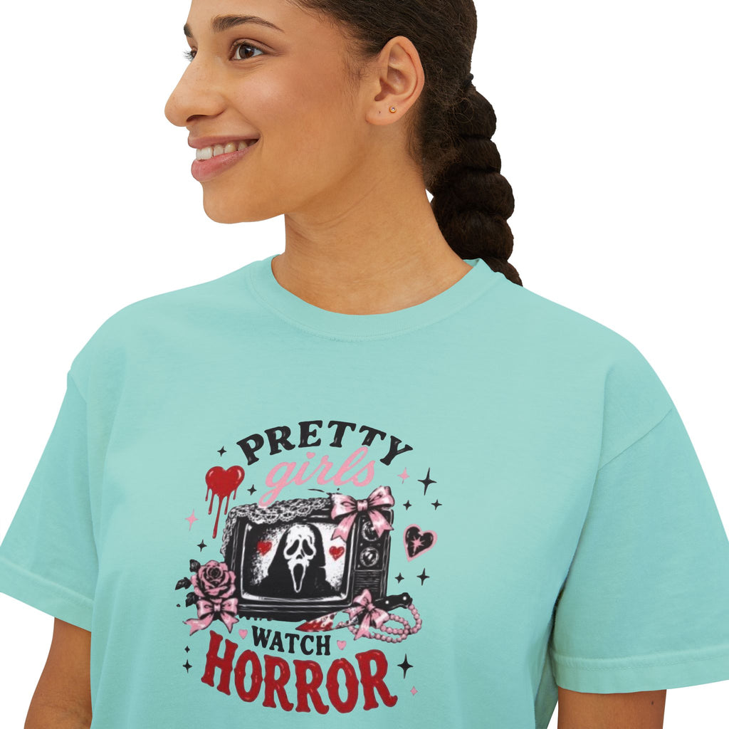 Boxy Tee — "Pretty Girls Watch Horror" Graphic Top