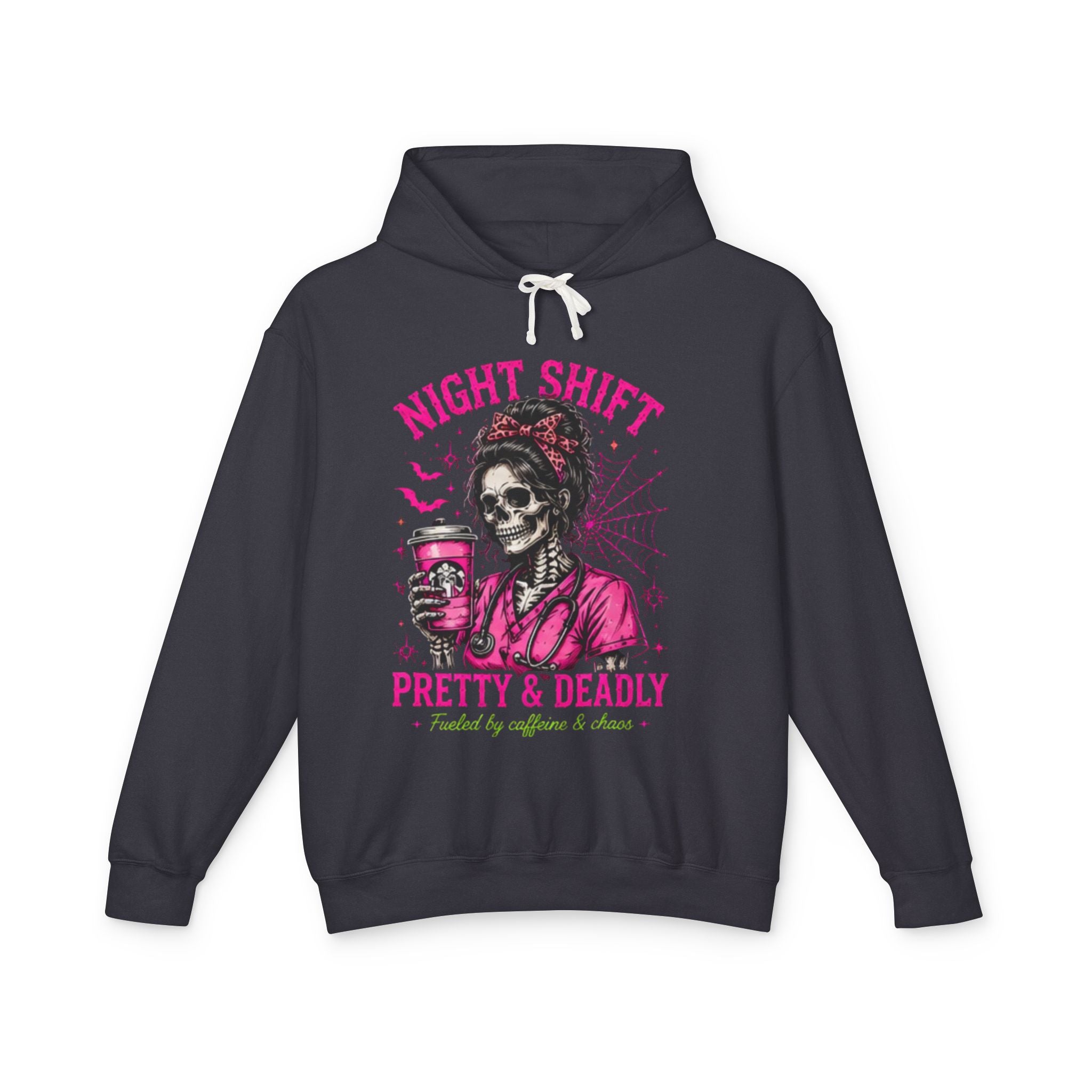Night Shift Hoodie — "Pretty & Deadly" Skeleton Nurse Coffee Hooded Sweatshirt 1
