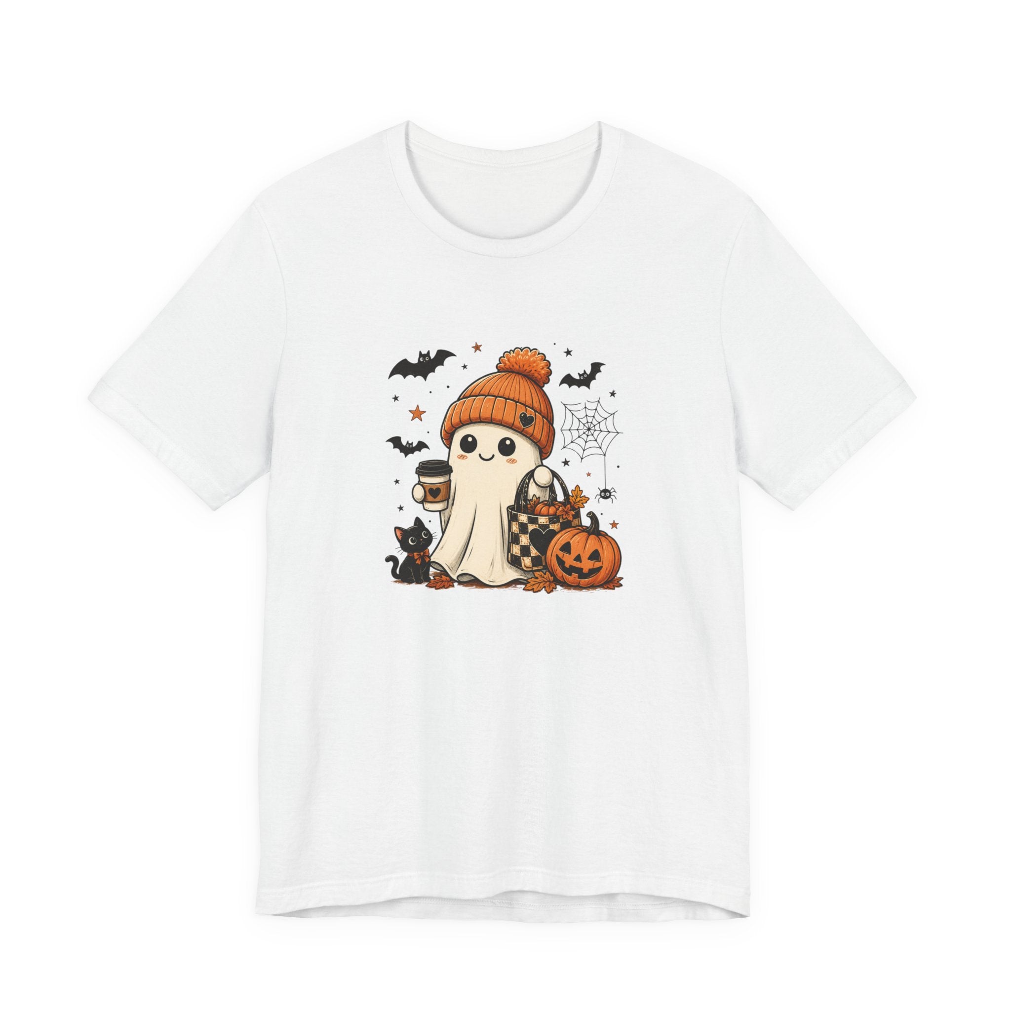 Halloween Ghost Tee – Cute Pumpkin, Black Cat & Coffee Fall Graphic T-Shirt