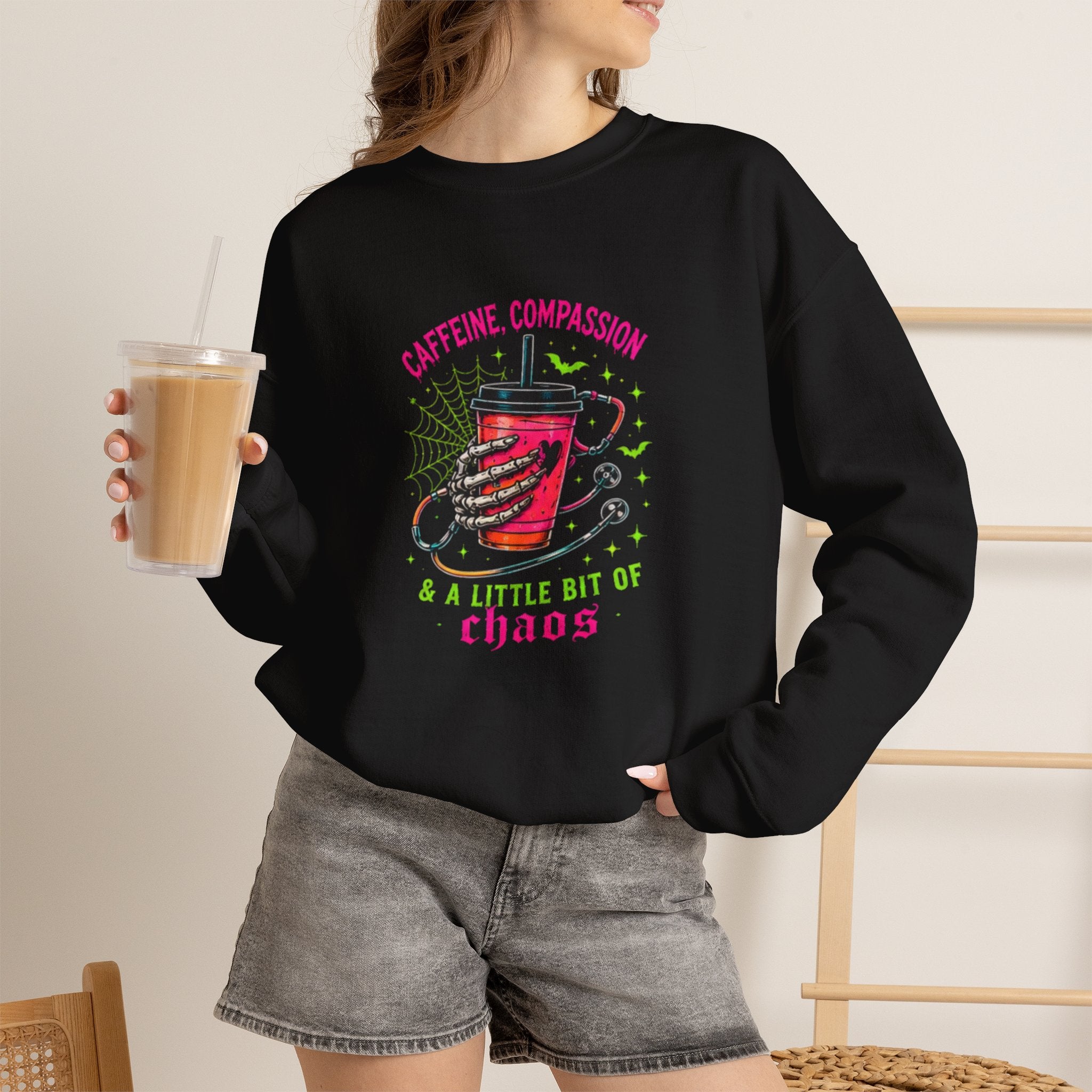Caffeine, Compassion & A Little Bit of Chaos Crewneck Sweatshirt