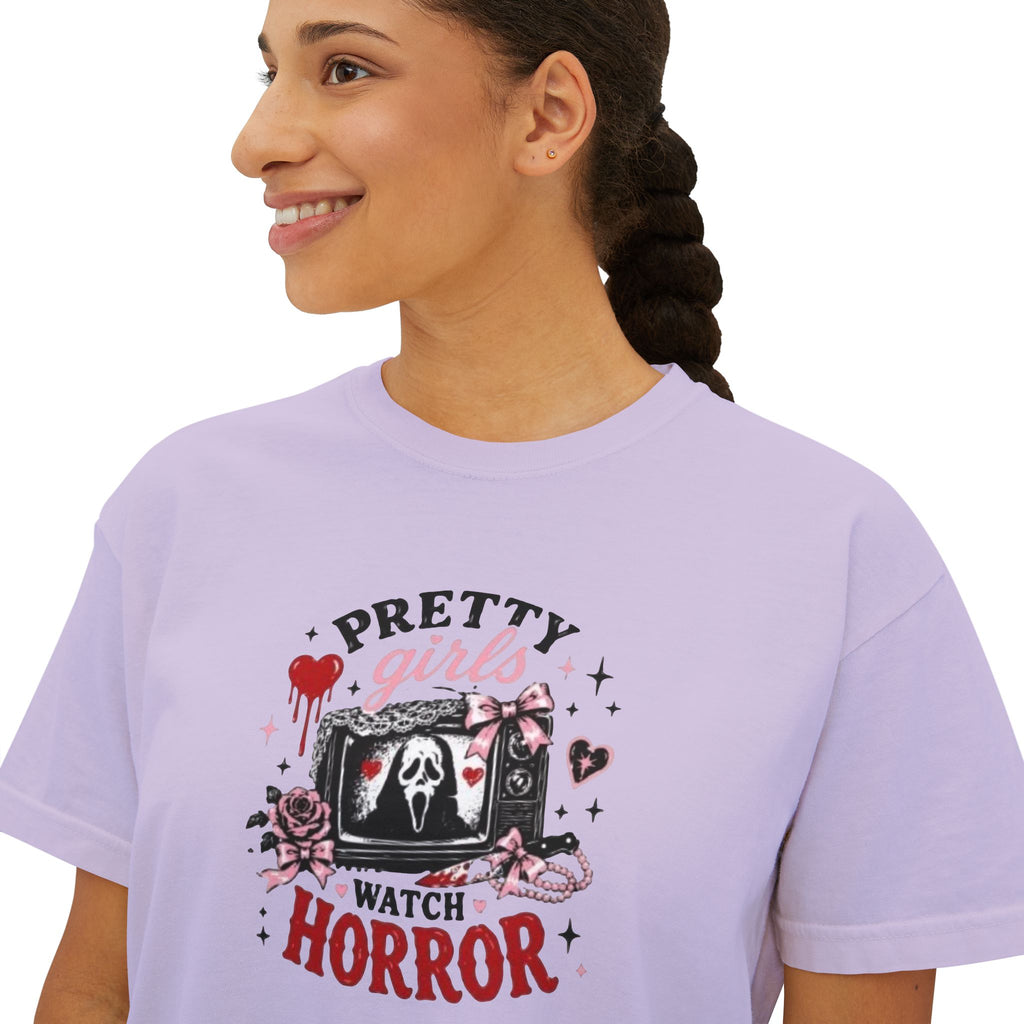Boxy Tee — "Pretty Girls Watch Horror" Graphic Top