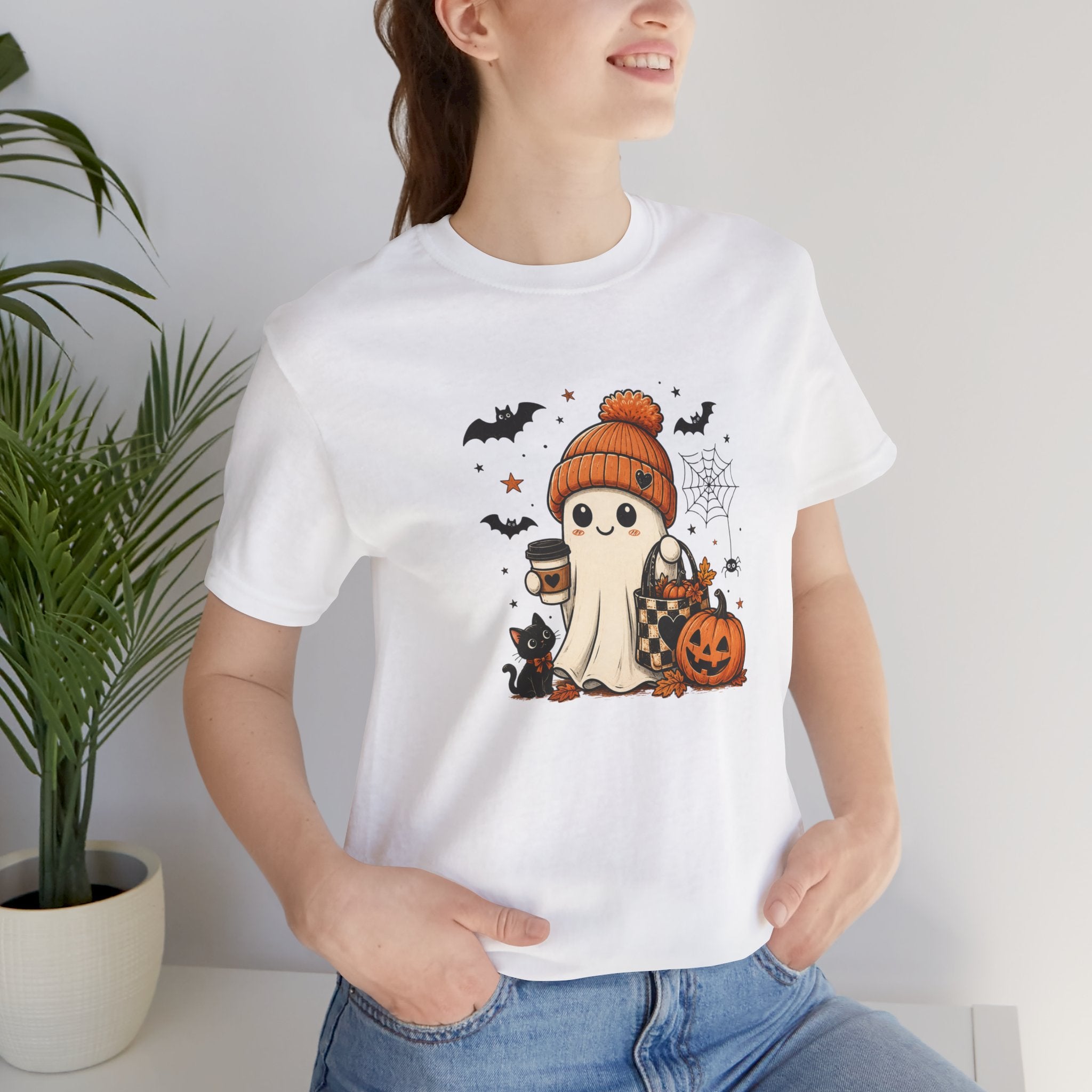 Halloween Ghost Tee – Cute Pumpkin, Black Cat & Coffee Fall Graphic T-Shirt