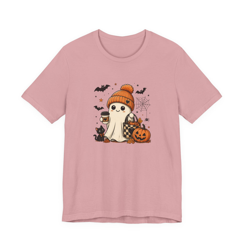 Halloween Ghost Tee – Cute Pumpkin, Black Cat & Coffee Fall Graphic T-Shirt