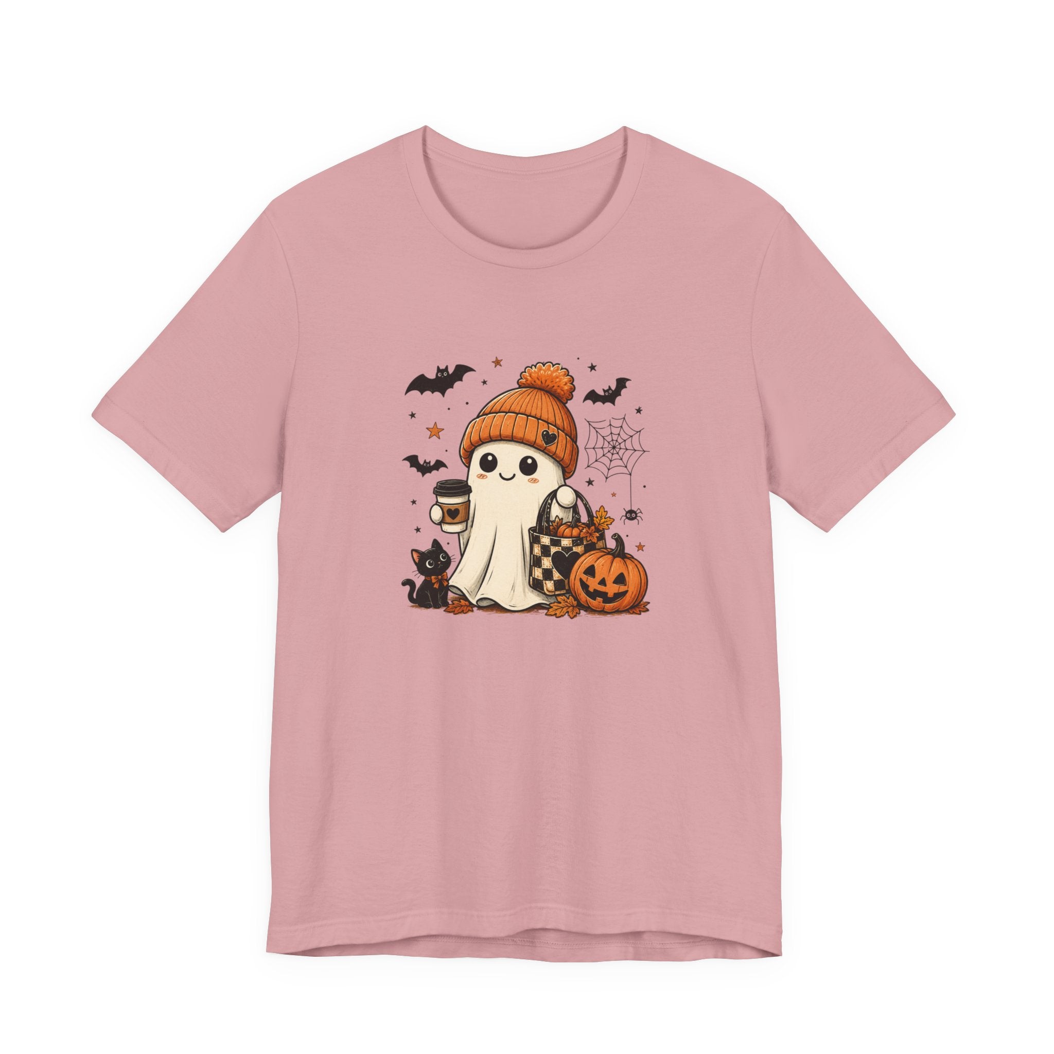 Halloween Ghost Tee – Cute Pumpkin, Black Cat & Coffee Fall Graphic T-Shirt