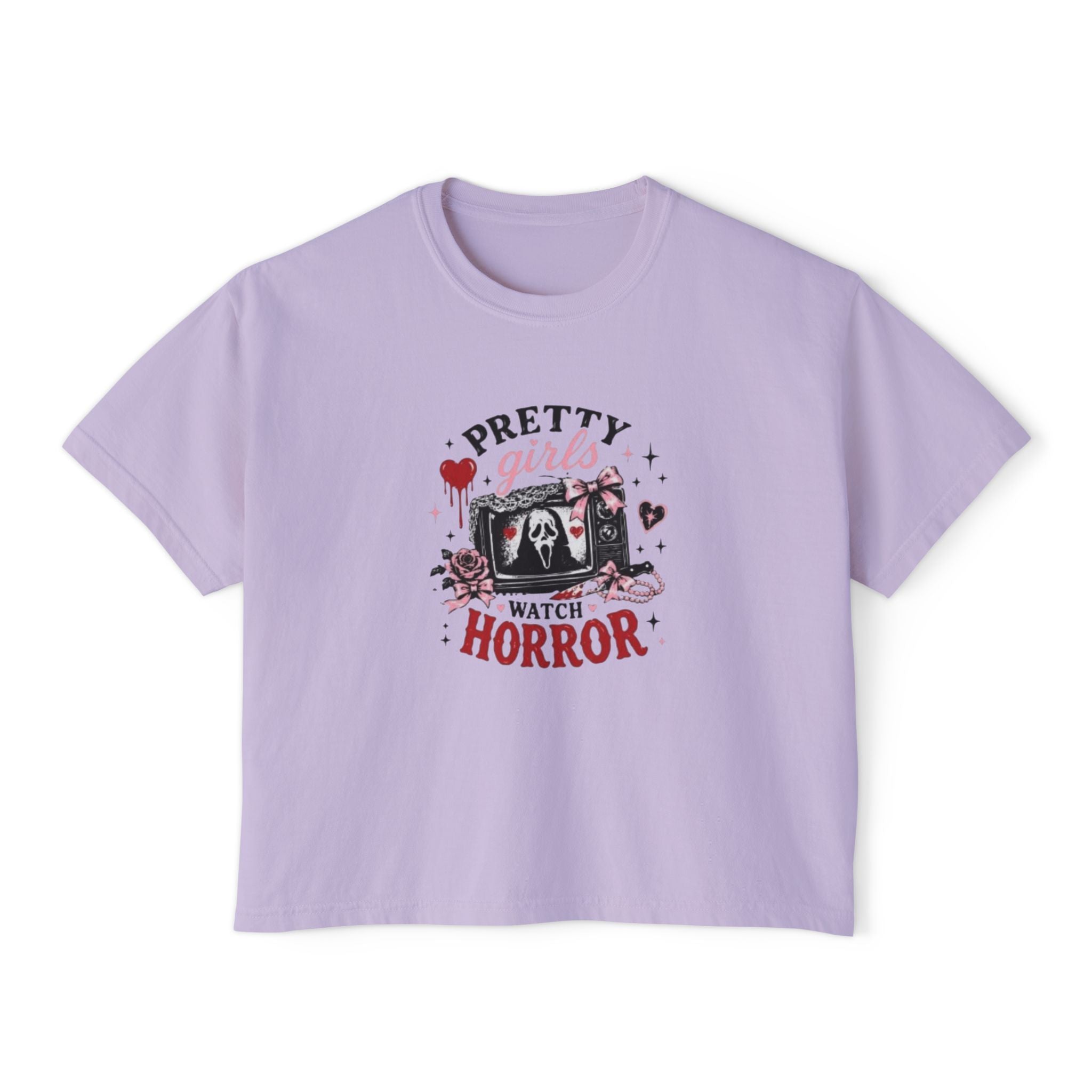 Boxy Tee — "Pretty Girls Watch Horror" Graphic Top