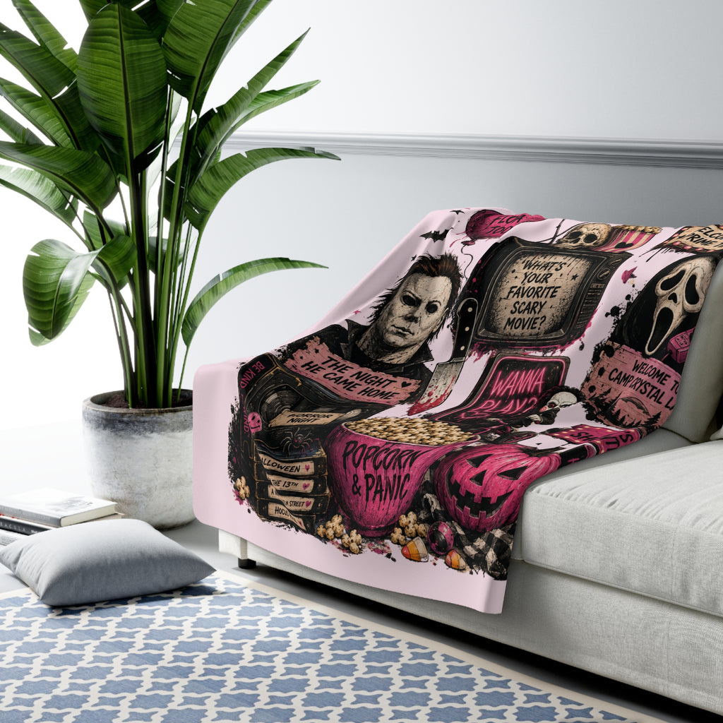Halloween Movie Night Sherpa Blanket — Horror Movie Icons Popcorn Panic Throw