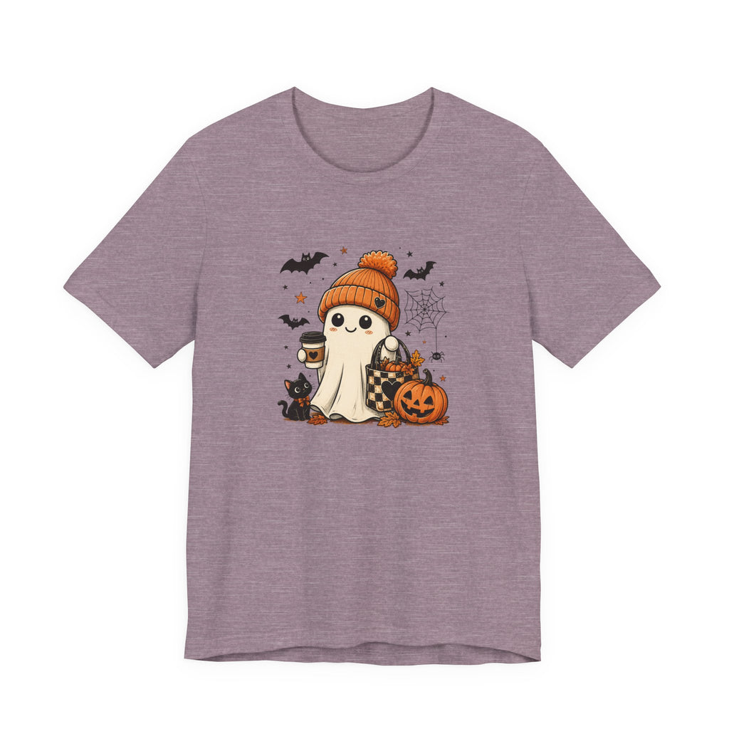 Halloween Ghost Tee – Cute Pumpkin, Black Cat & Coffee Fall Graphic T-Shirt