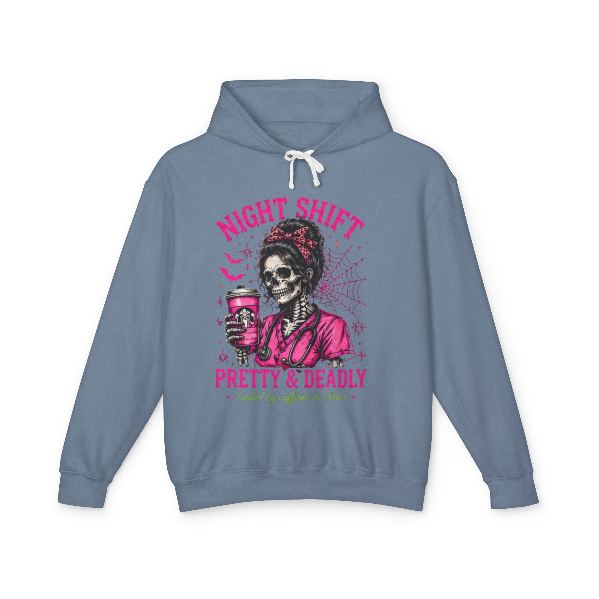 Night Shift Hoodie — "Pretty & Deadly" Skeleton Nurse Coffee Hooded Sweatshirt 1