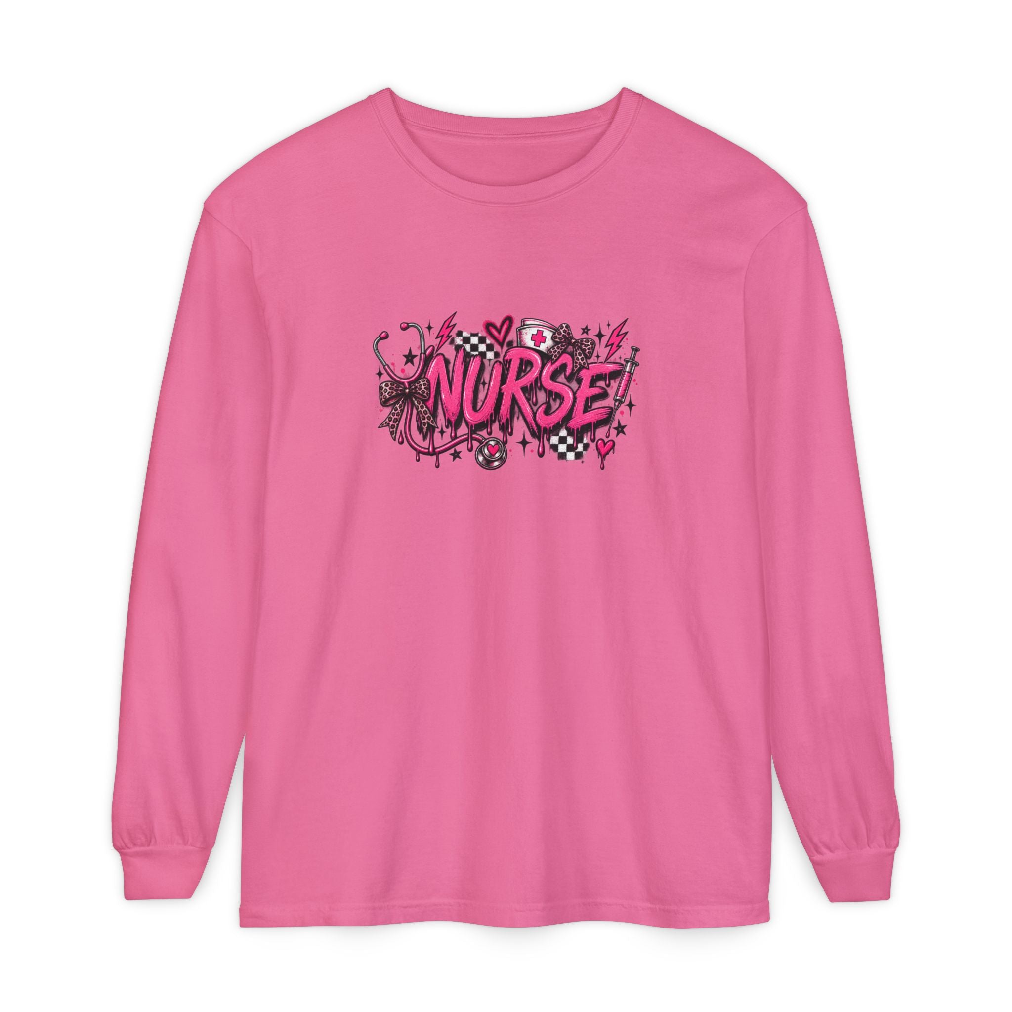 Nurse Comic-Style Long Sleeve Tee — Pink Graphic Nursing Shirt