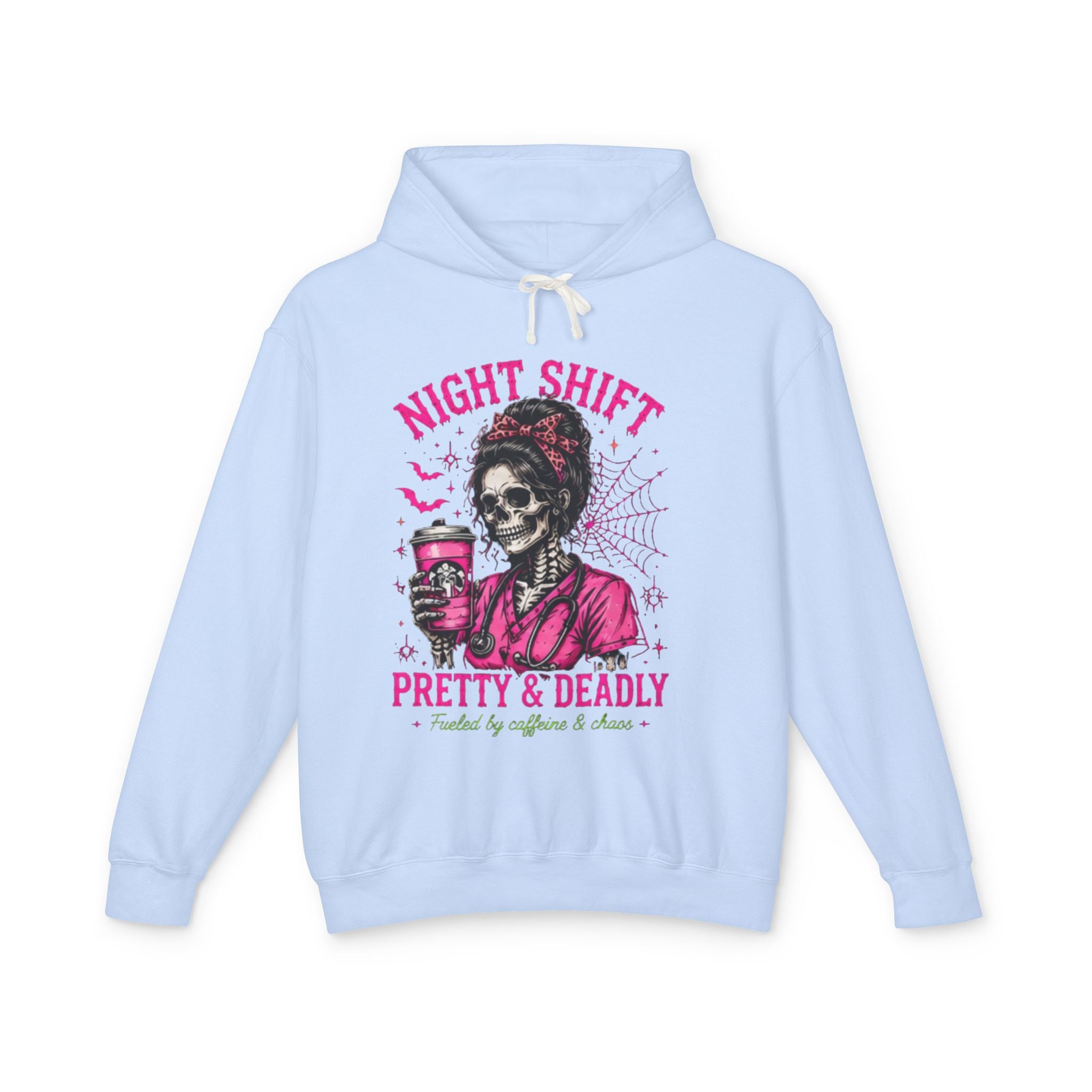 Night Shift Hoodie — "Pretty & Deadly" Skeleton Nurse Coffee Hooded Sweatshirt 1