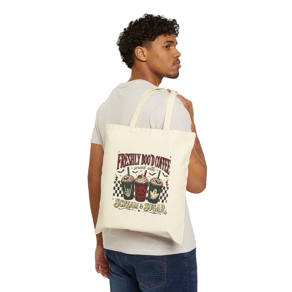 Halloween Ghost Tote Bag — Cute Ghost with Pumpkin, Coffee & Black Cat Cotton Canvas Tote