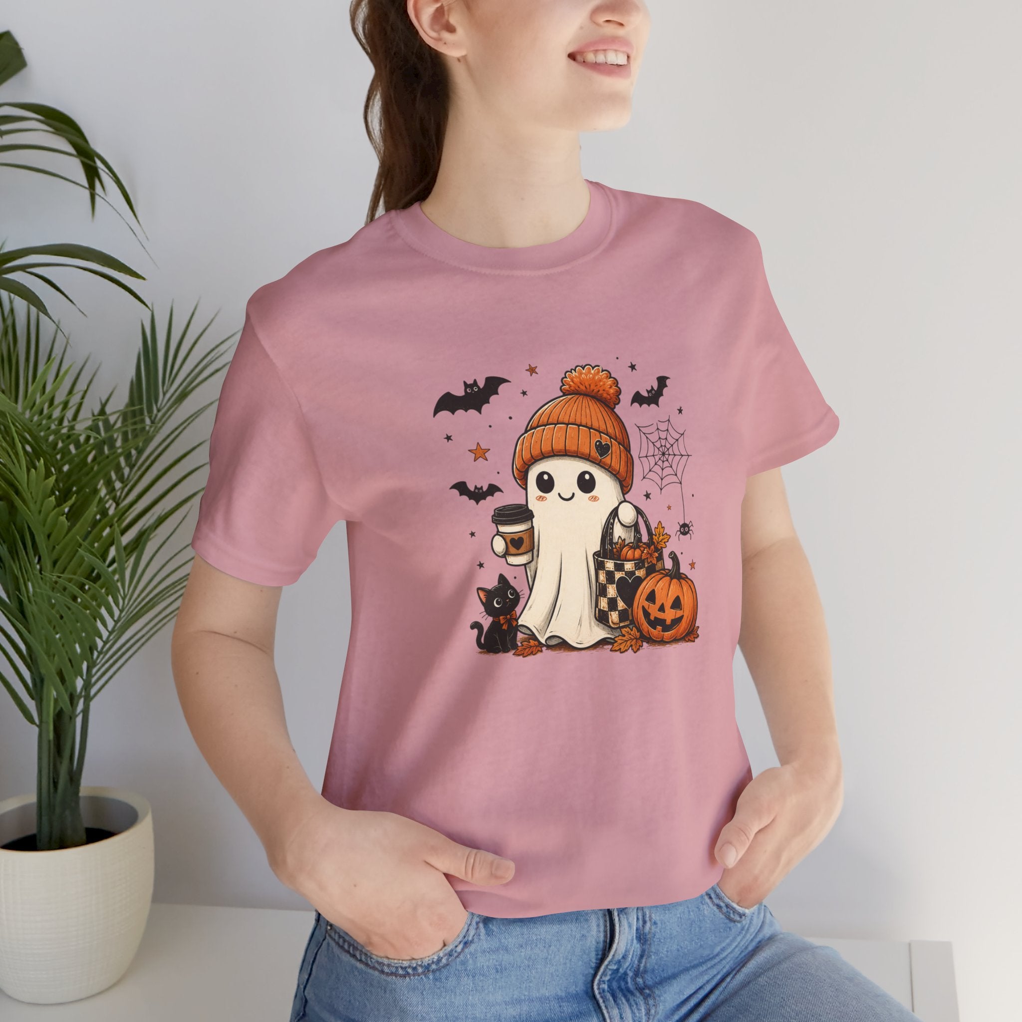 Halloween Ghost Tee – Cute Pumpkin, Black Cat & Coffee Fall Graphic T-Shirt