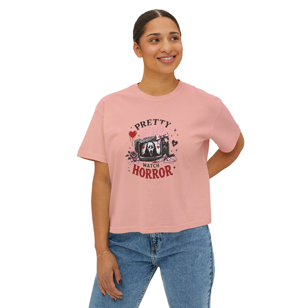 Boxy Tee — "Pretty Girls Watch Horror" Graphic Top
