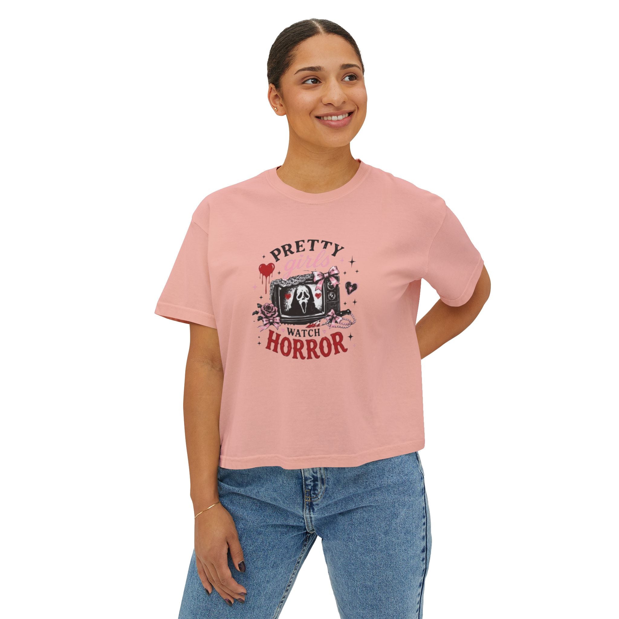 Boxy Tee — "Pretty Girls Watch Horror" Graphic Top
