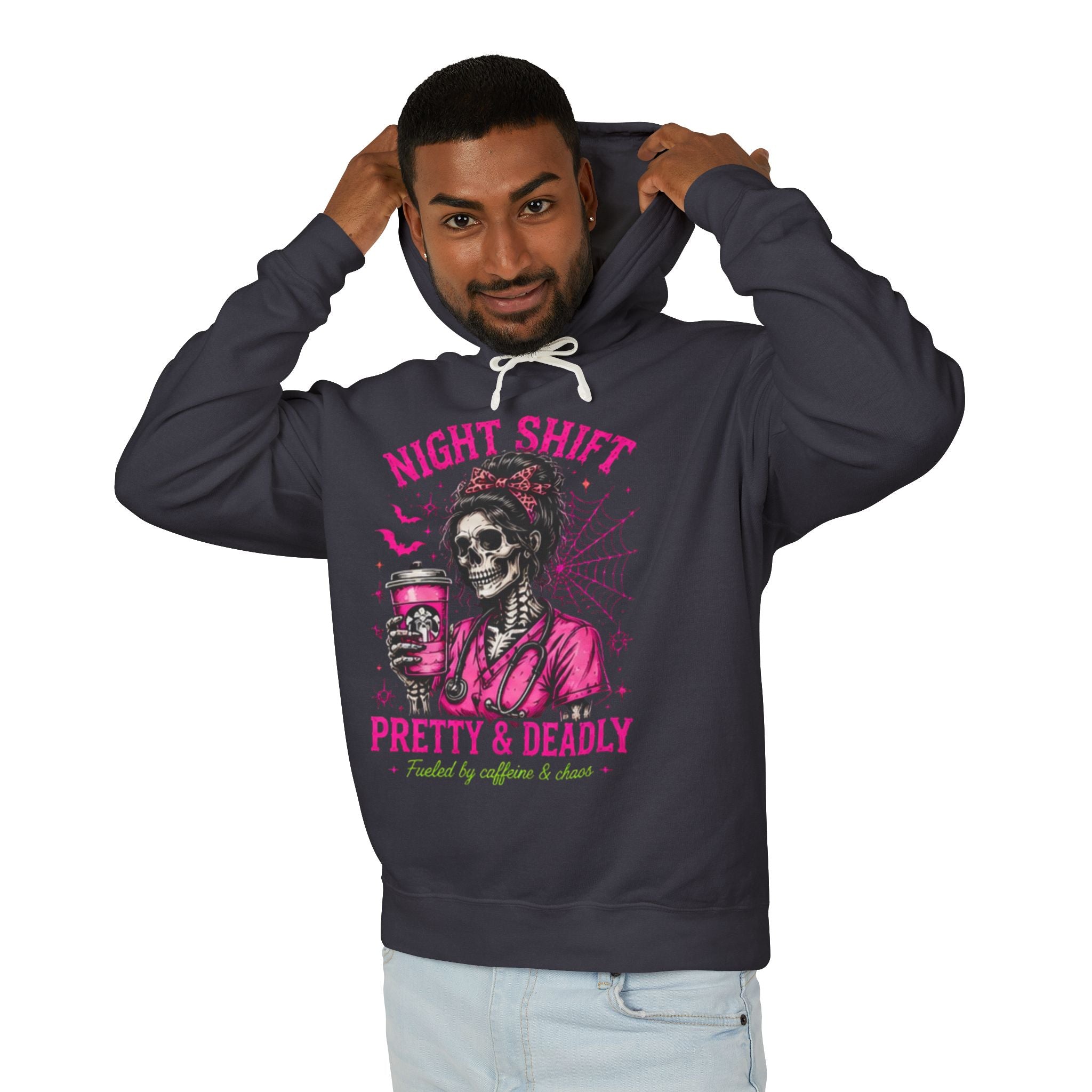 Night Shift Hoodie — "Pretty & Deadly" Skeleton Nurse Coffee Hooded Sweatshirt 1