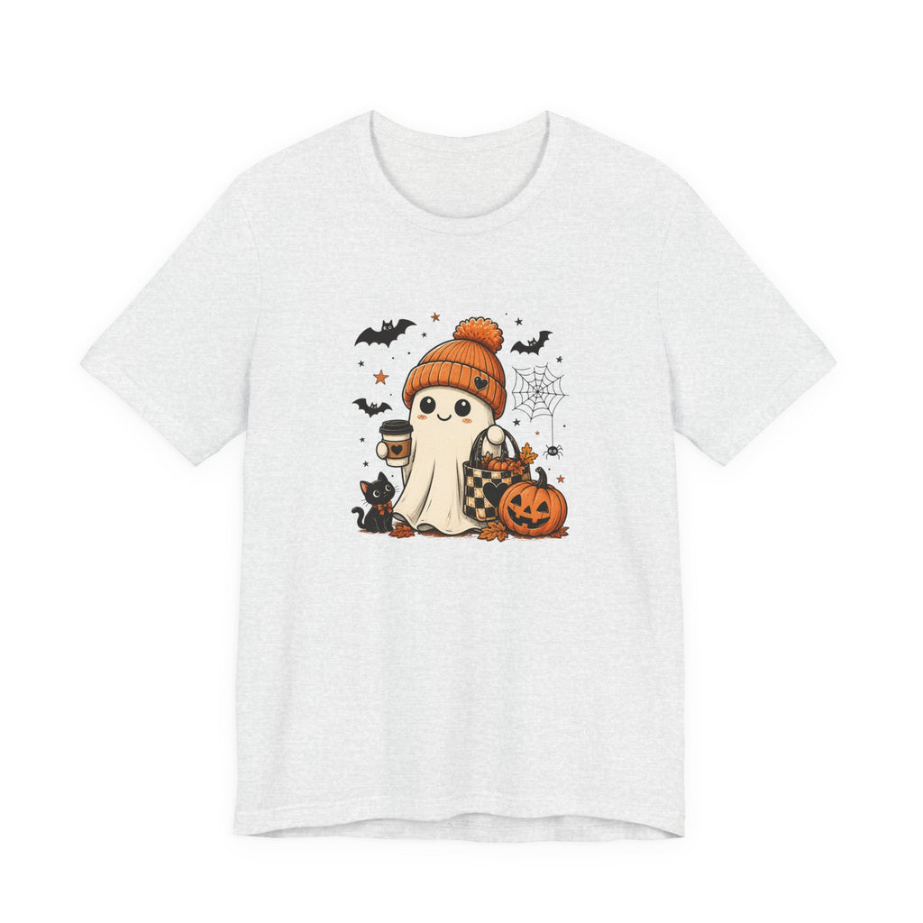 Halloween Ghost Tee – Cute Pumpkin, Black Cat & Coffee Fall Graphic T-Shirt