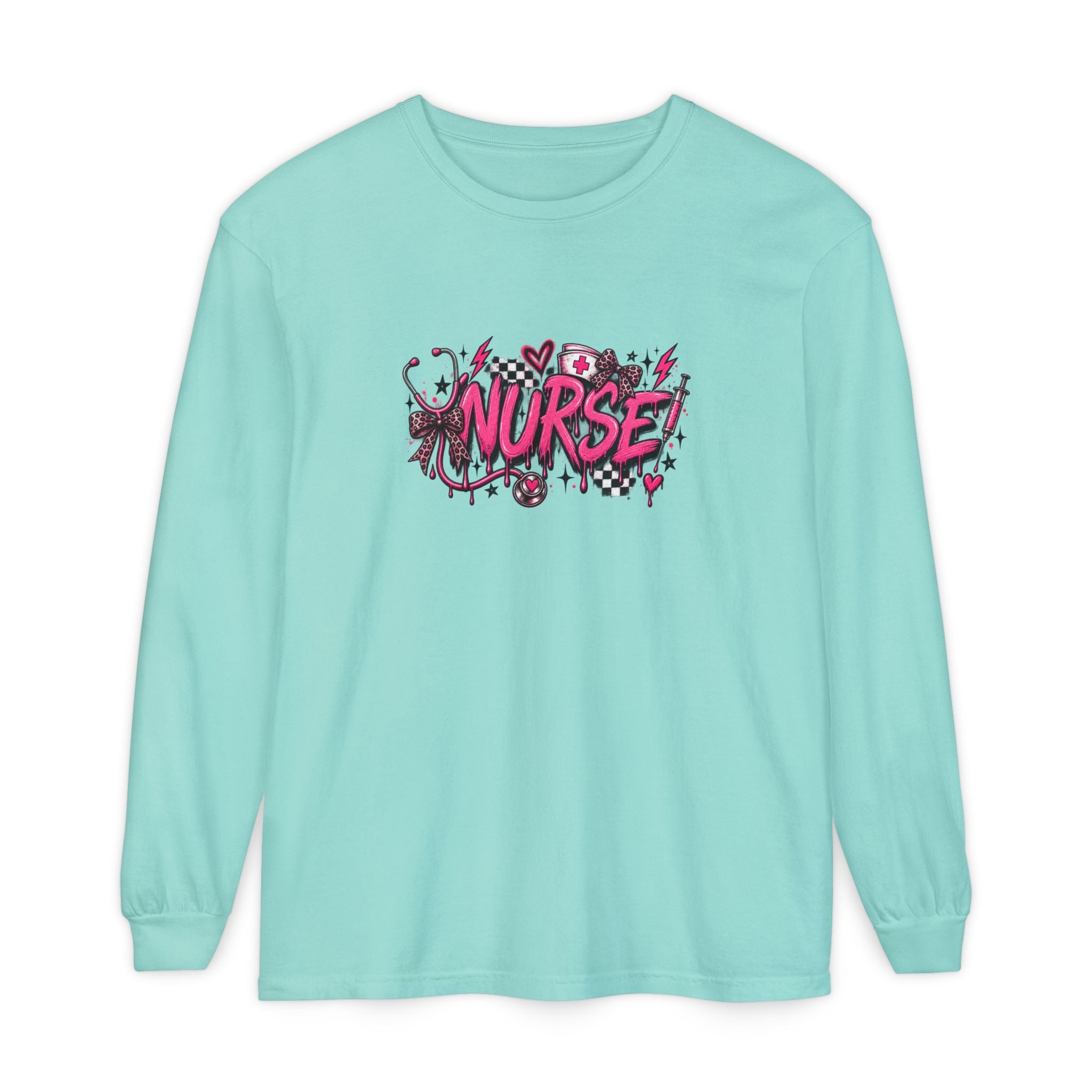 Nurse Comic-Style Long Sleeve Tee — Pink Graphic Nursing Shirt