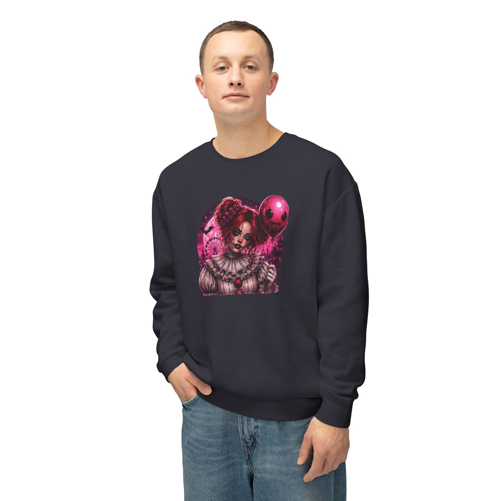 Creepy Clown Portrait Sweatshirt — Gothic Pink Horror Crewneck