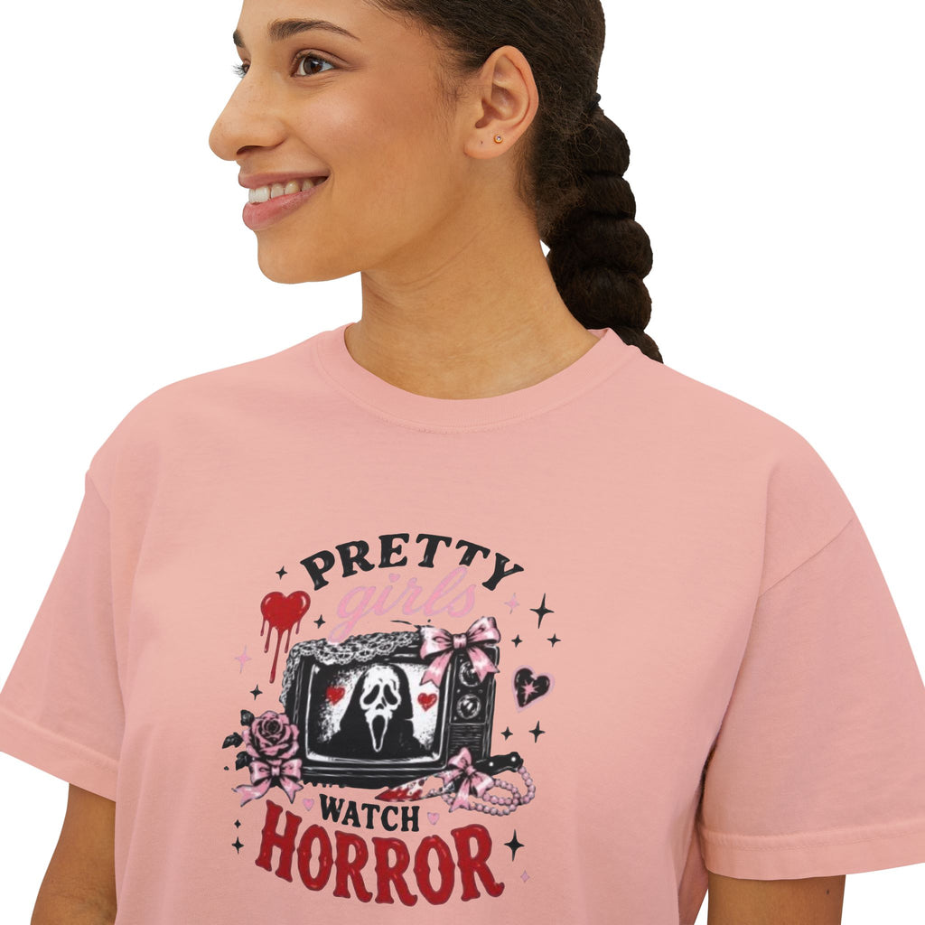 Boxy Tee — "Pretty Girls Watch Horror" Graphic Top