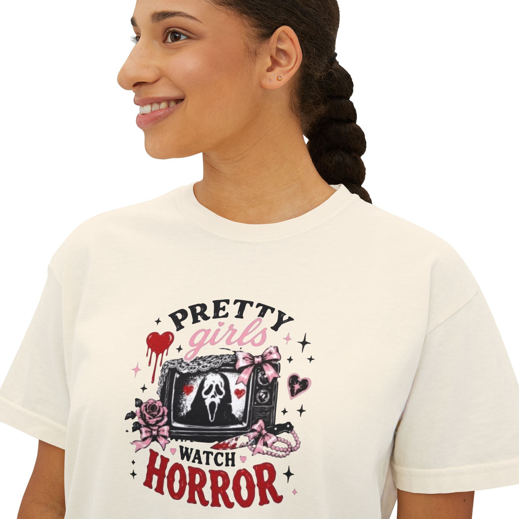 Boxy Tee — "Pretty Girls Watch Horror" Graphic Top