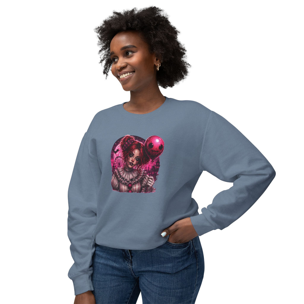 Creepy Clown Portrait Sweatshirt — Gothic Pink Horror Crewneck