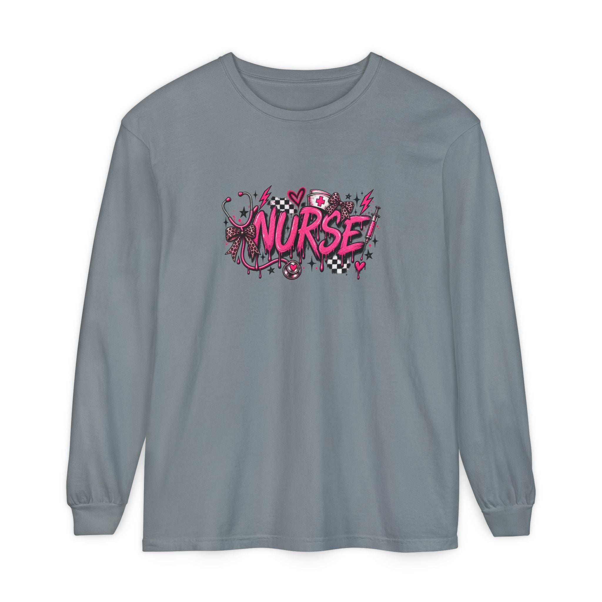Nurse Comic-Style Long Sleeve Tee — Pink Graphic Nursing Shirt
