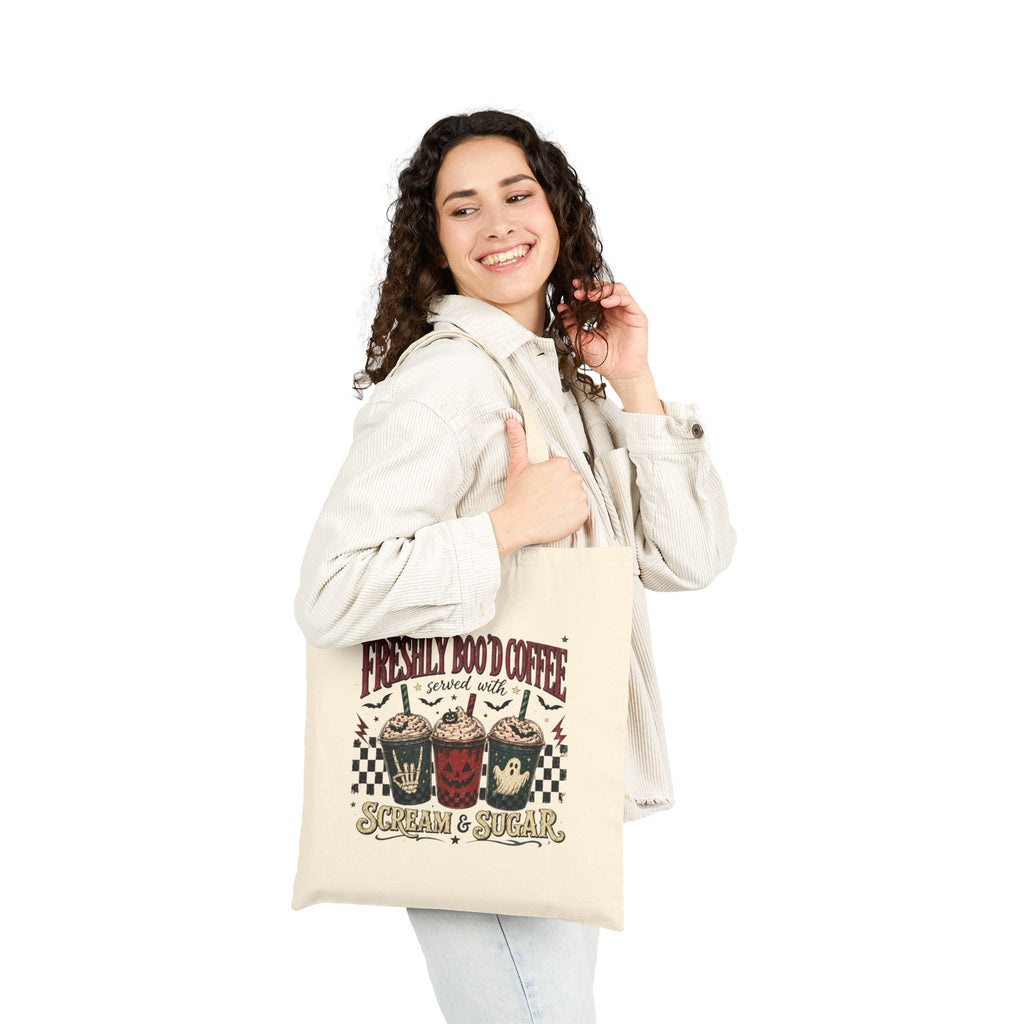 Halloween Ghost Tote Bag — Cute Ghost with Pumpkin, Coffee & Black Cat Cotton Canvas Tote