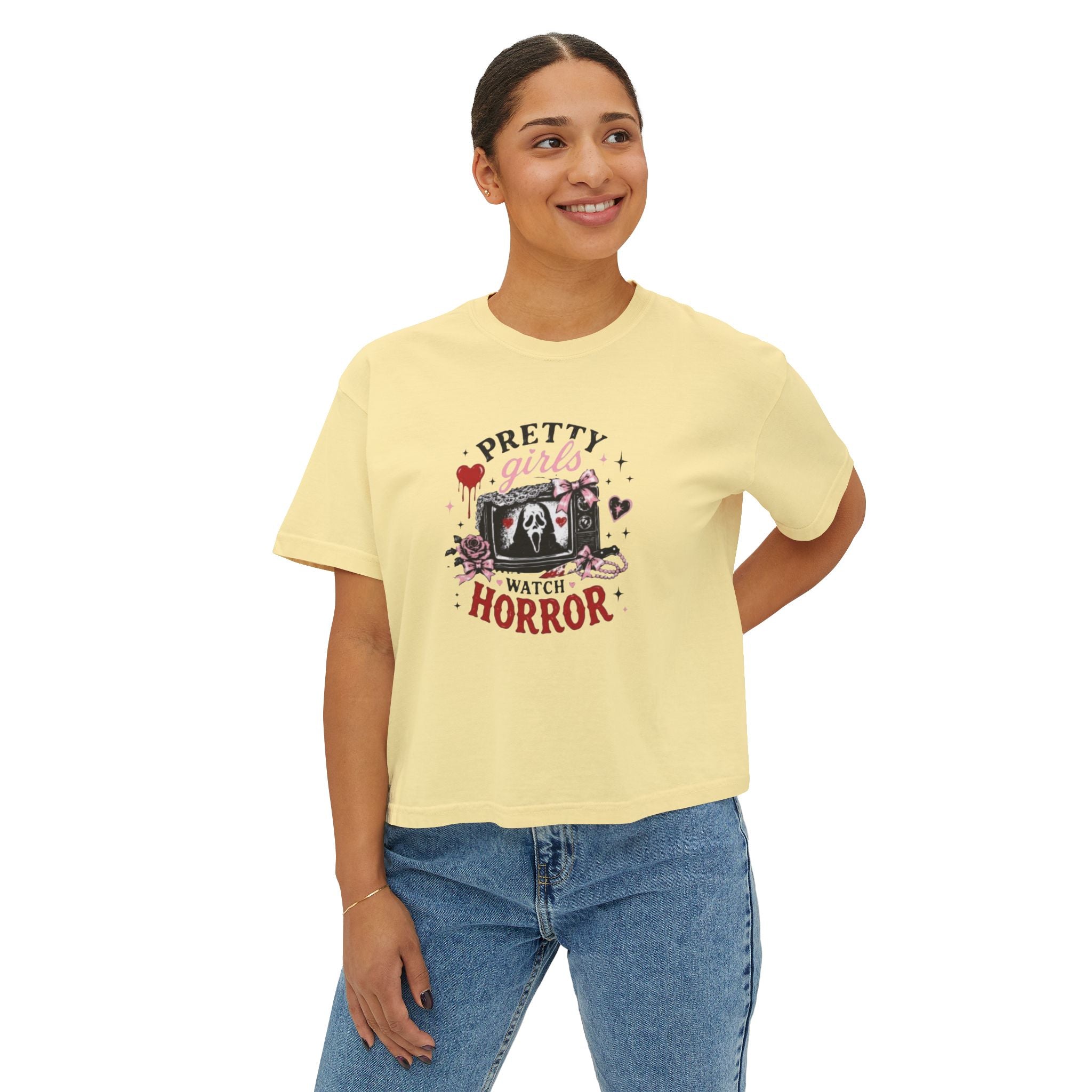 Boxy Tee — "Pretty Girls Watch Horror" Graphic Top
