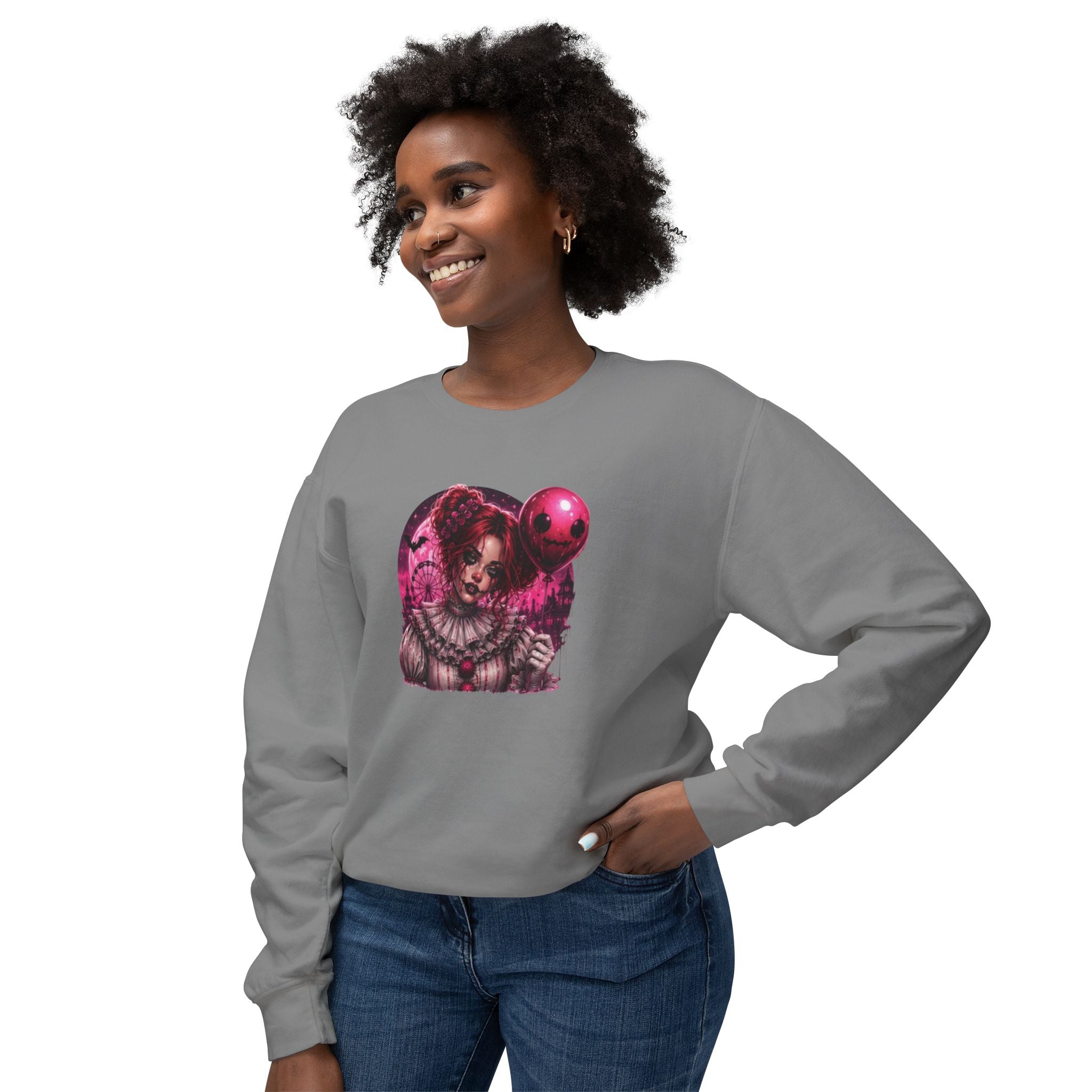 Creepy Clown Portrait Sweatshirt — Gothic Pink Horror Crewneck
