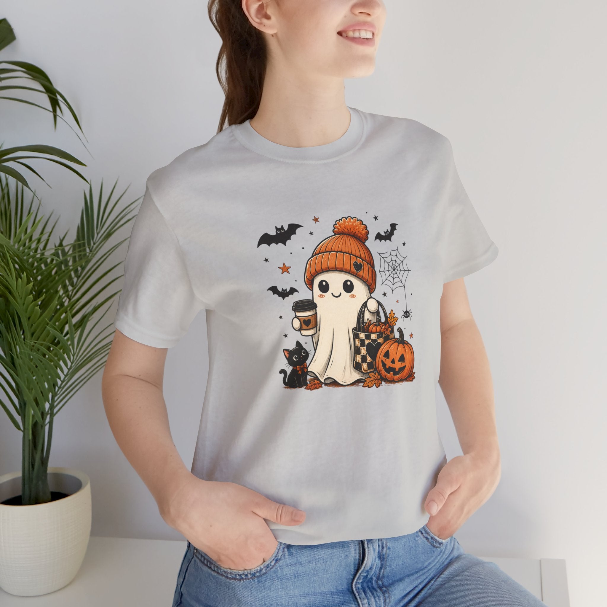 Halloween Ghost Tee – Cute Pumpkin, Black Cat & Coffee Fall Graphic T-Shirt