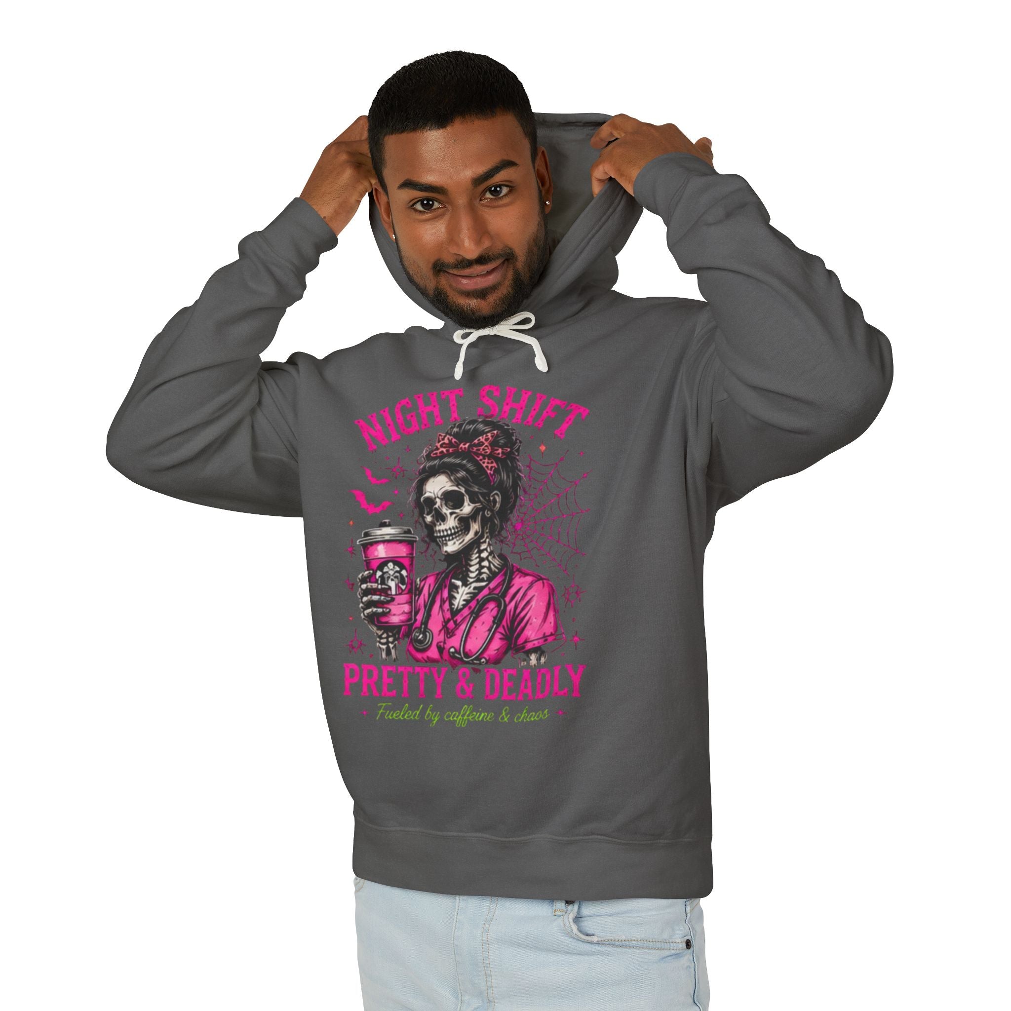 Night Shift Hoodie — "Pretty & Deadly" Skeleton Nurse Coffee Hooded Sweatshirt 1