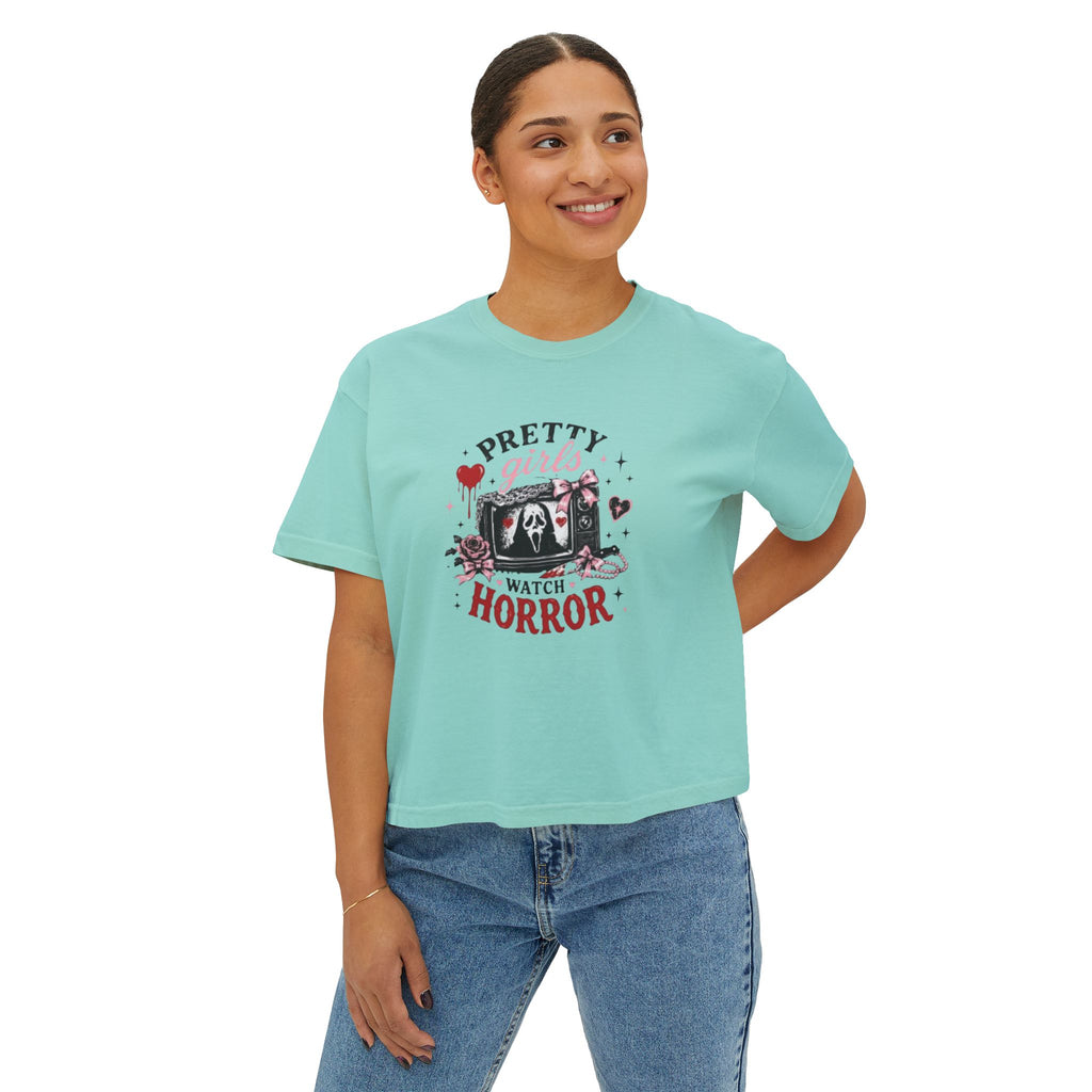 Boxy Tee — "Pretty Girls Watch Horror" Graphic Top