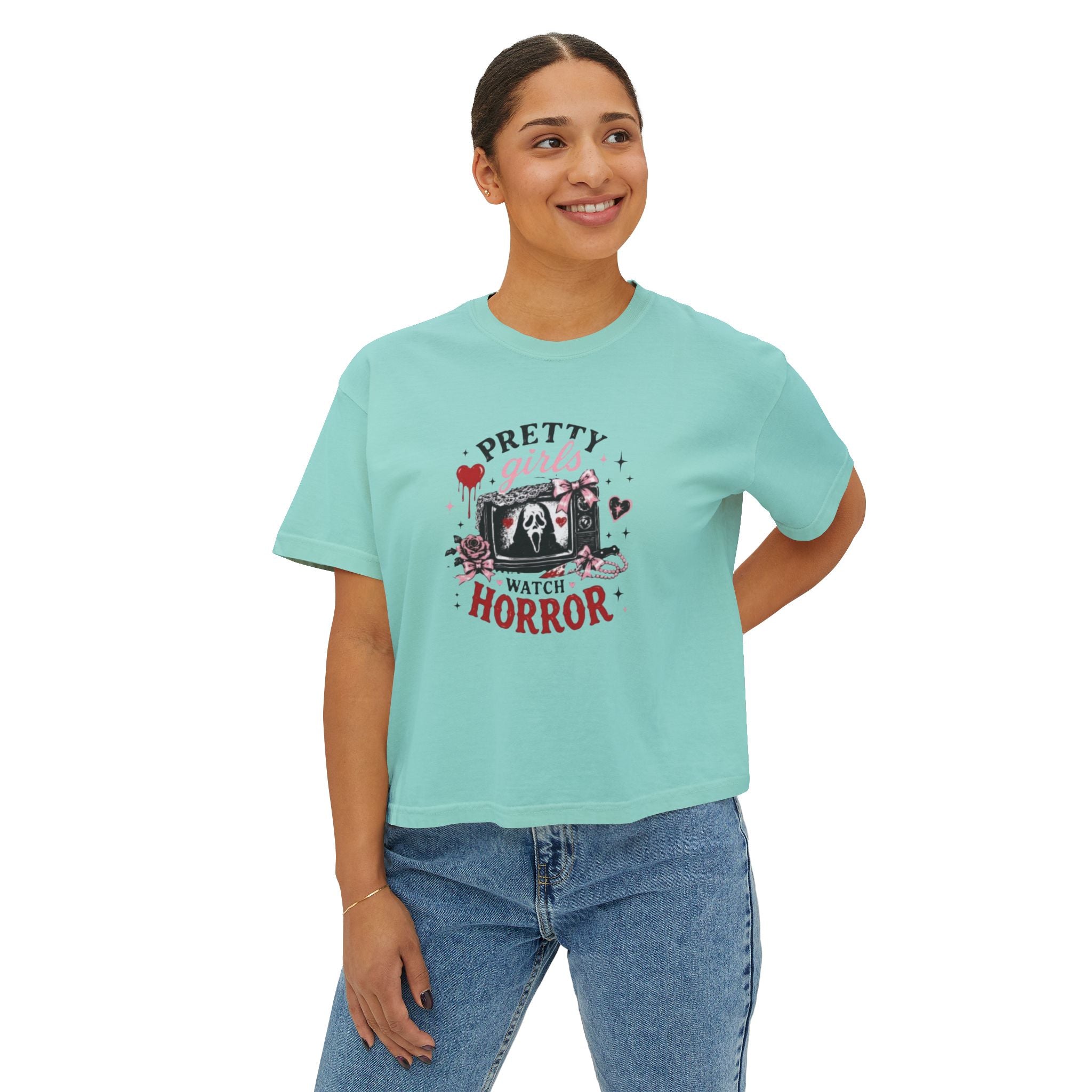 Boxy Tee — "Pretty Girls Watch Horror" Graphic Top